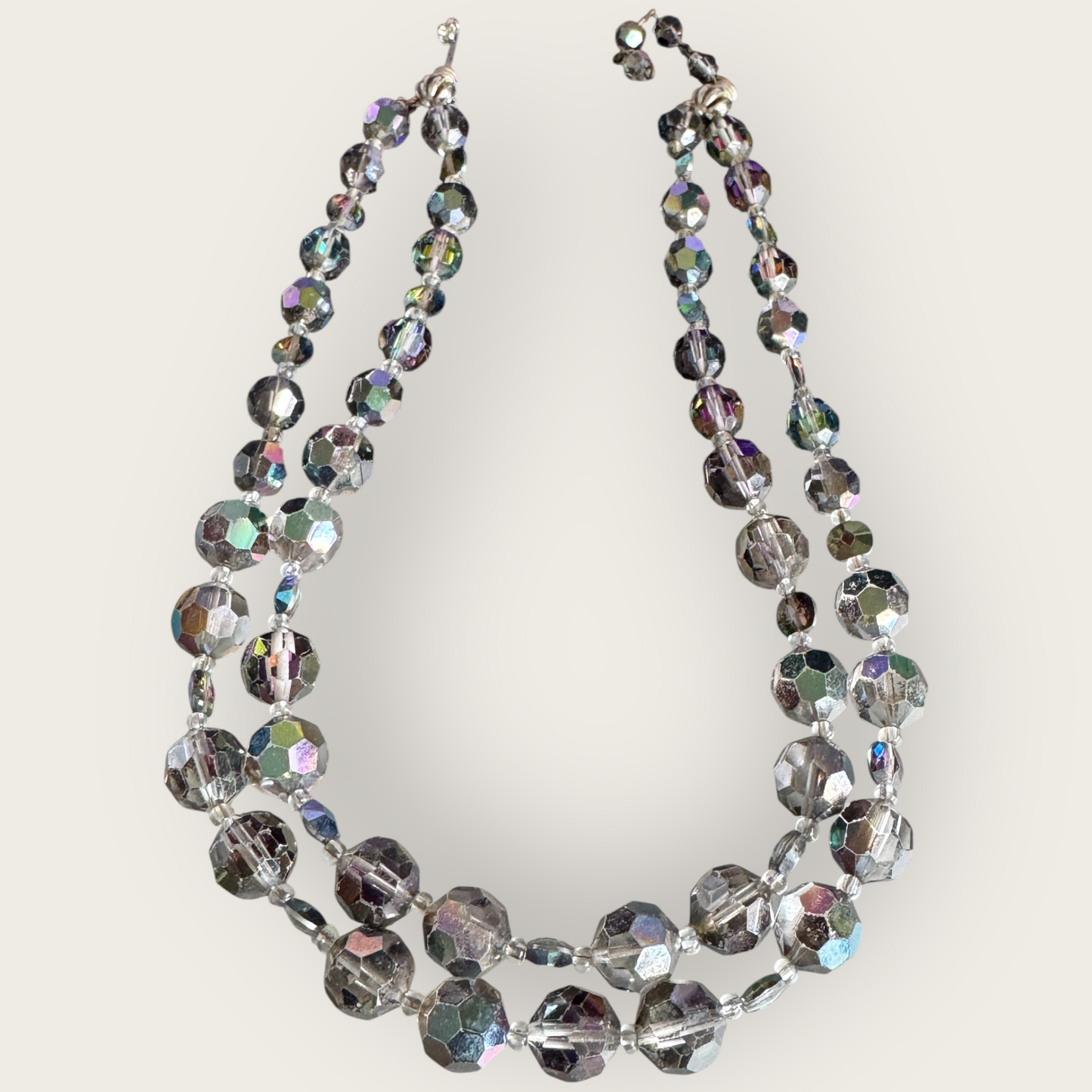Signed Marvella Smoky Aurora Borealis Crystal Necklace – Vintage Double Strand Faceted Glass Beads
