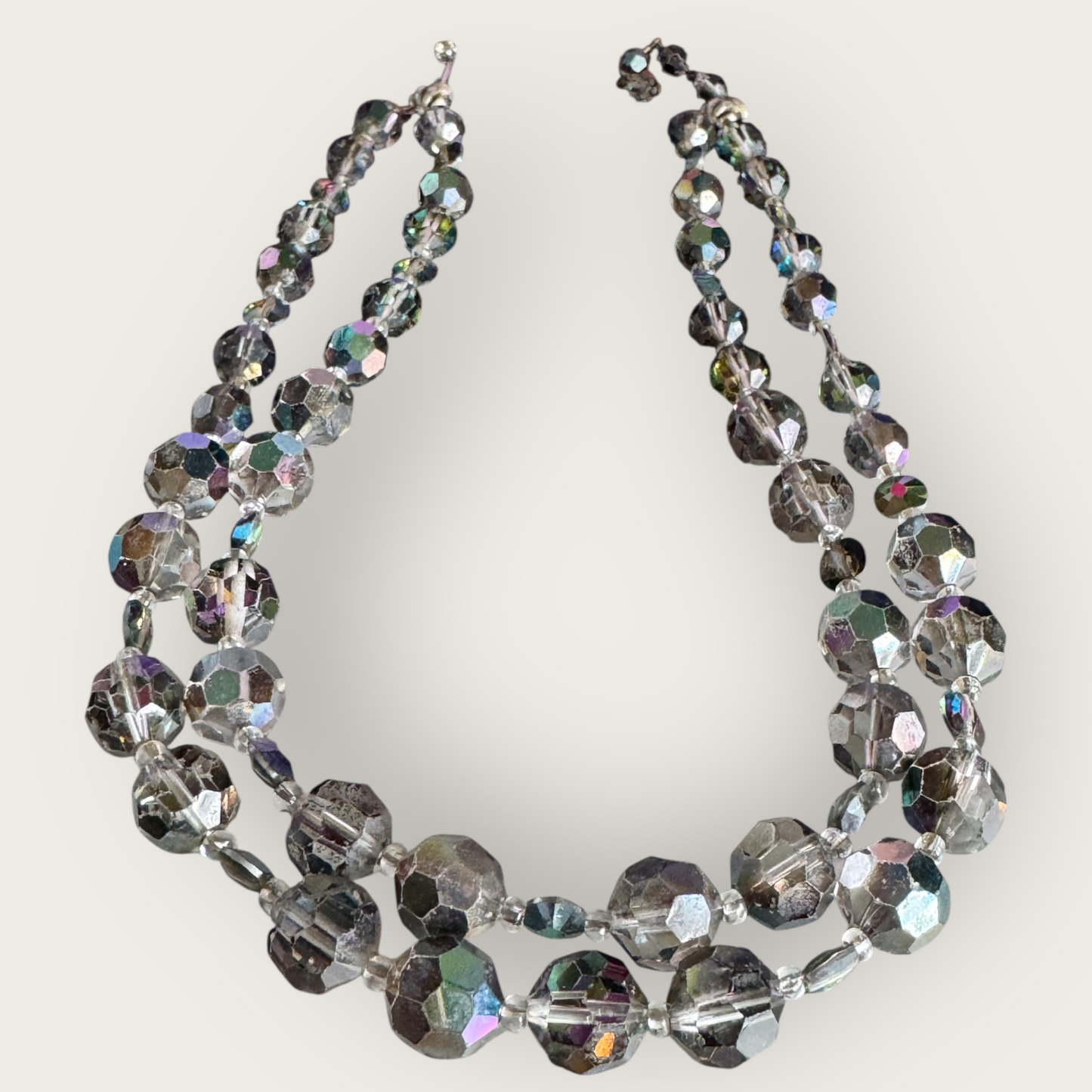 Signed Marvella Smoky Aurora Borealis Crystal Necklace – Vintage Double Strand Faceted Glass Beads