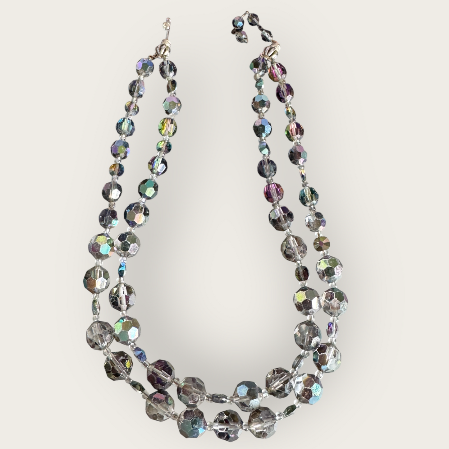 Signed Marvella Smoky Aurora Borealis Crystal Necklace – Vintage Double Strand Faceted Glass Beads