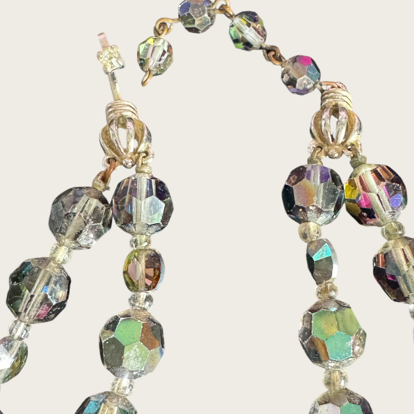 Signed Marvella Smoky Aurora Borealis Crystal Necklace – Vintage Double Strand Faceted Glass Beads