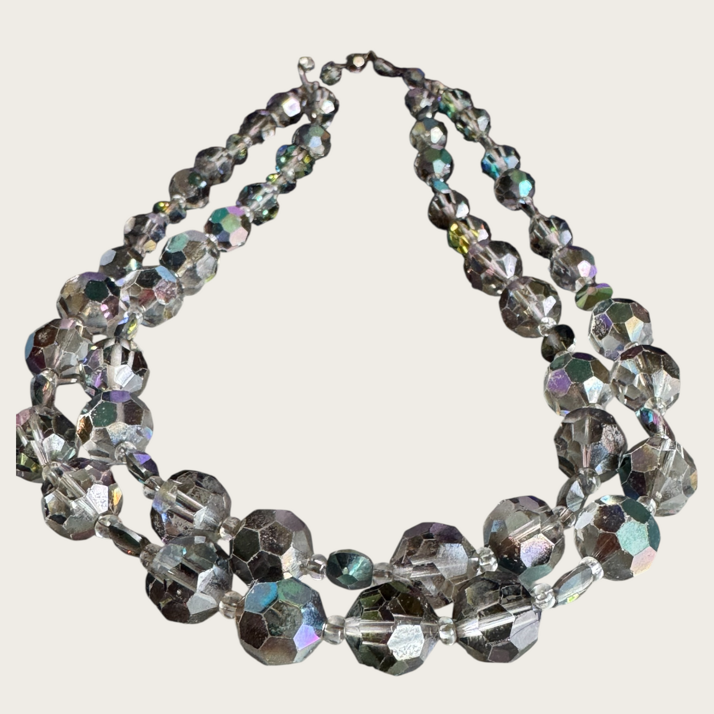 Signed Marvella Smoky Aurora Borealis Crystal Necklace – Vintage Double Strand Faceted Glass Beads