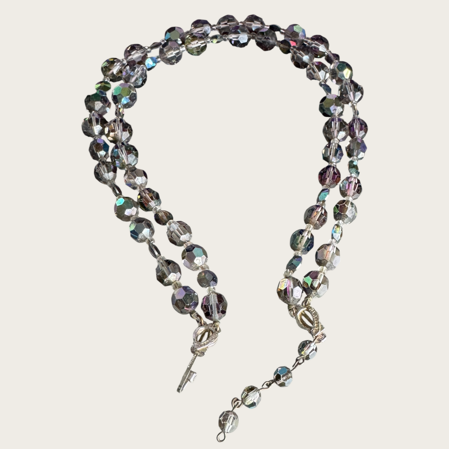 Signed Marvella Smoky Aurora Borealis Crystal Necklace – Vintage Double Strand Faceted Glass Beads