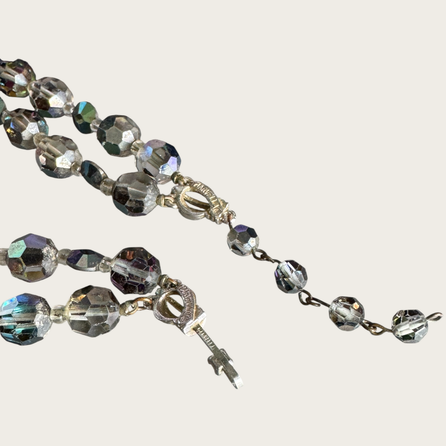 Signed Marvella Smoky Aurora Borealis Crystal Necklace – Vintage Double Strand Faceted Glass Beads