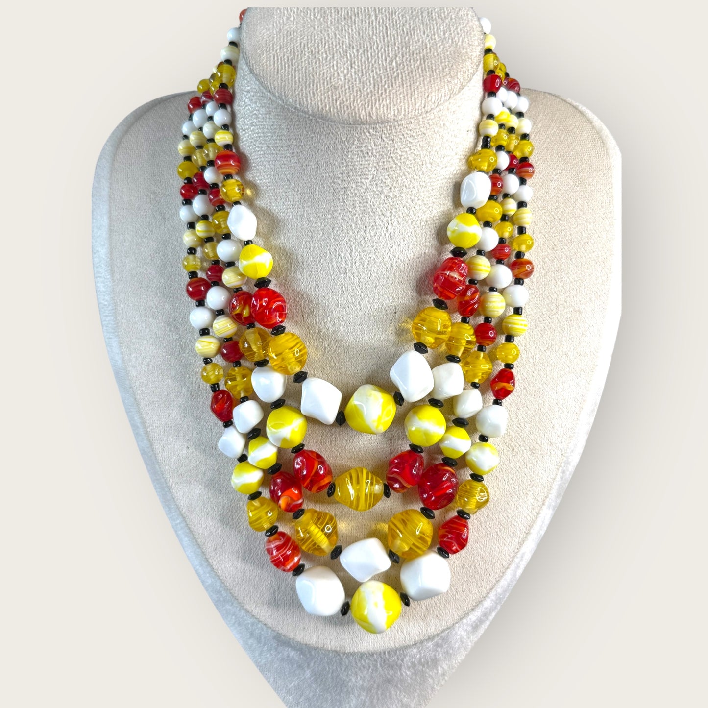 Vintage Signed Japan 4-Strand Glass Bead Necklace – Red, Yellow, White Swirl Beads, Mid-Century Statement