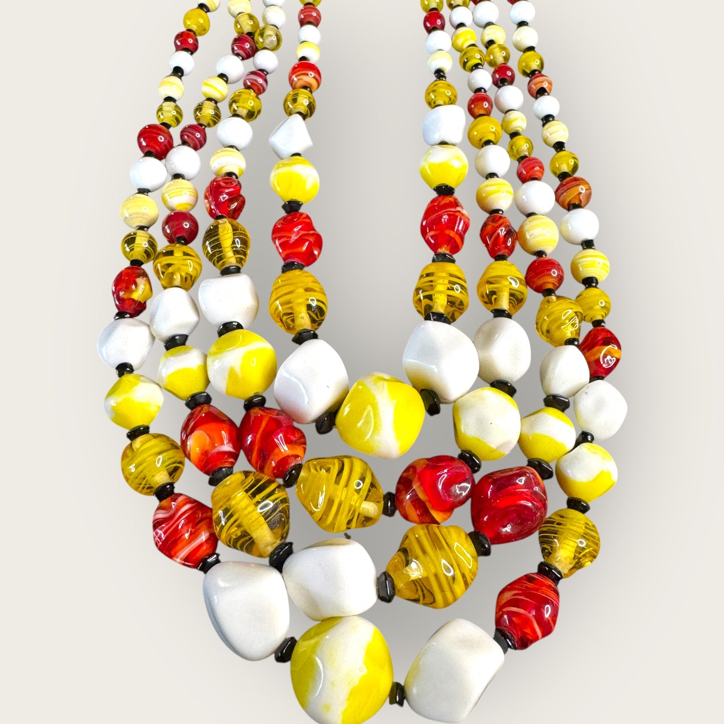 Vintage Signed Japan 4-Strand Glass Bead Necklace – Red, Yellow, White Swirl Beads, Mid-Century Statement