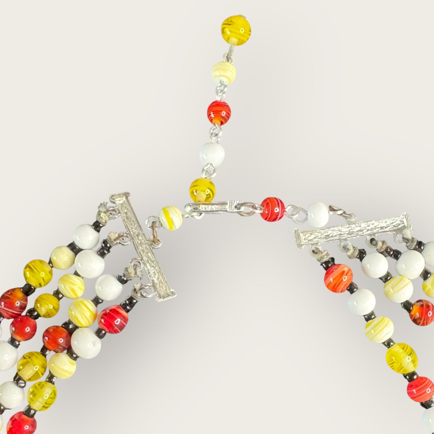 Vintage Signed Japan 4-Strand Glass Bead Necklace – Red, Yellow, White Swirl Beads, Mid-Century Statement