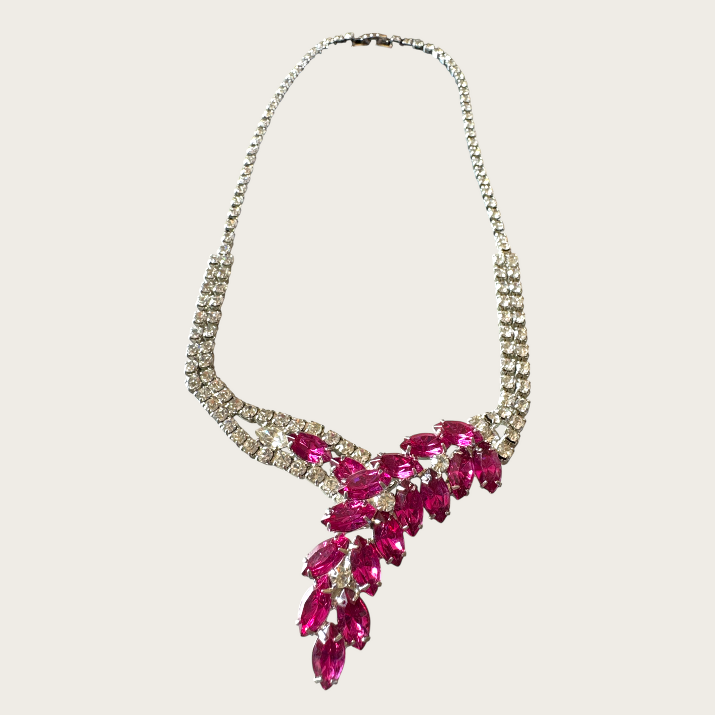 Vintage 1950s Fuchsia Navette Rhinestone Bib Necklace – Unsigned Mid-Century Statement Piece
