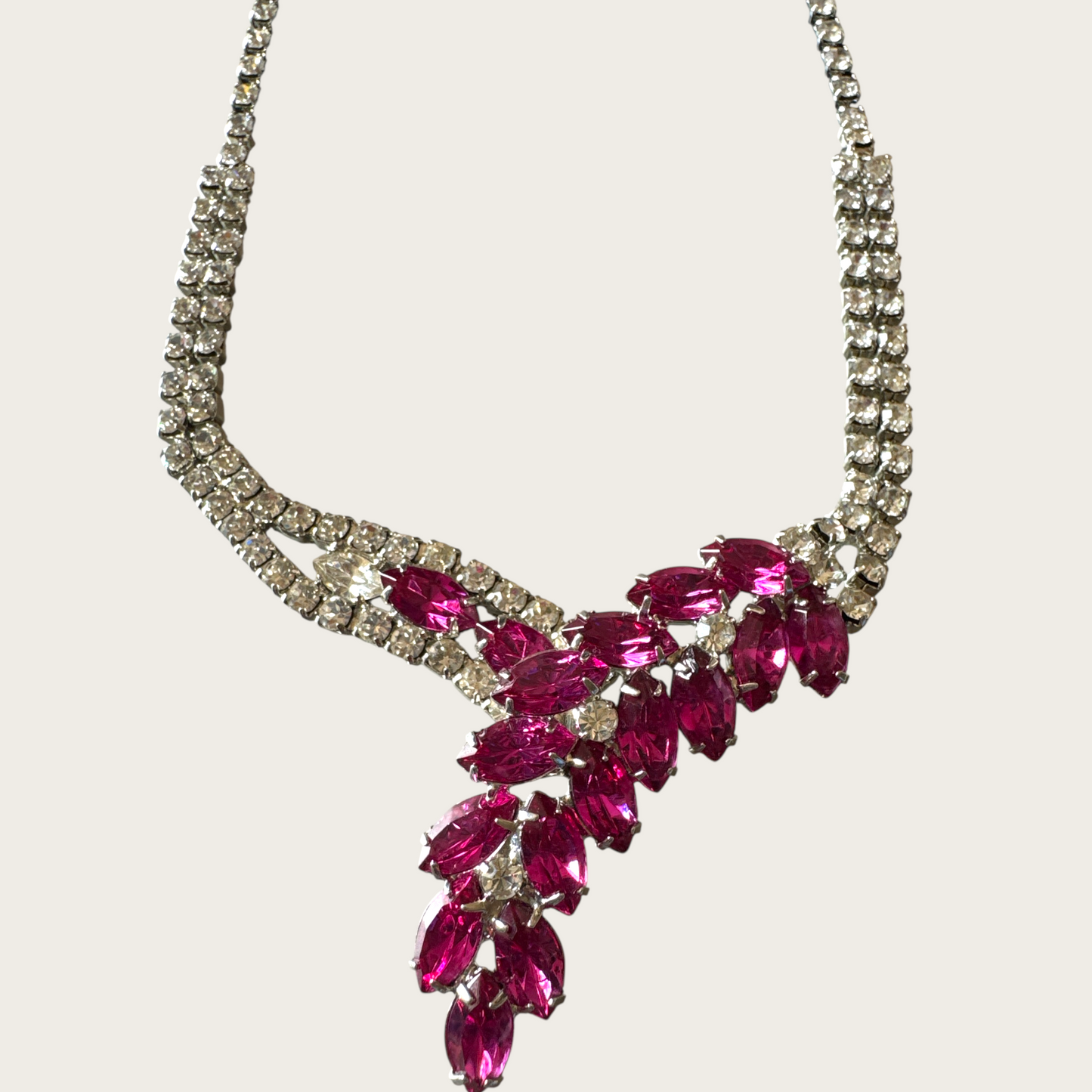 Vintage 1950s Fuchsia Navette Rhinestone Bib Necklace – Unsigned Mid-Century Statement Piece