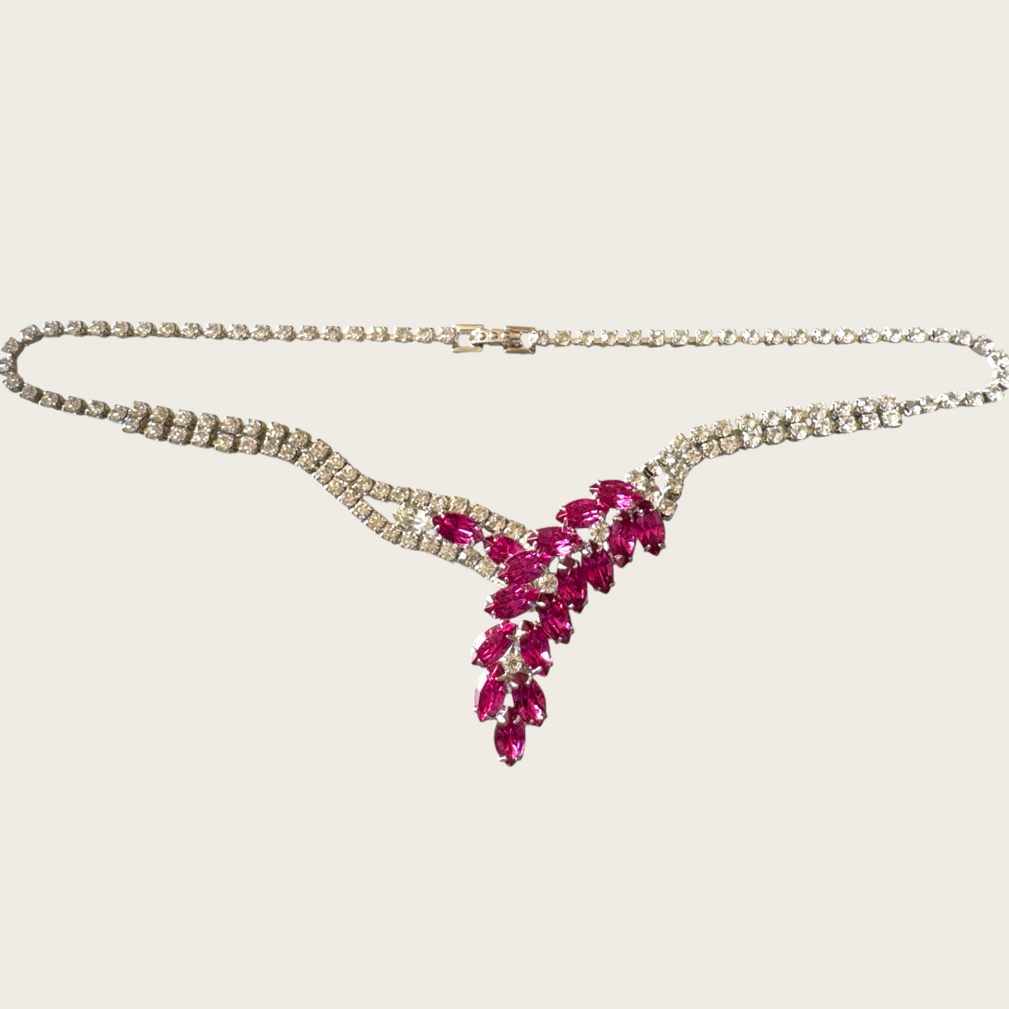 Vintage 1950s Fuchsia Navette Rhinestone Bib Necklace – Unsigned Mid-Century Statement Piece