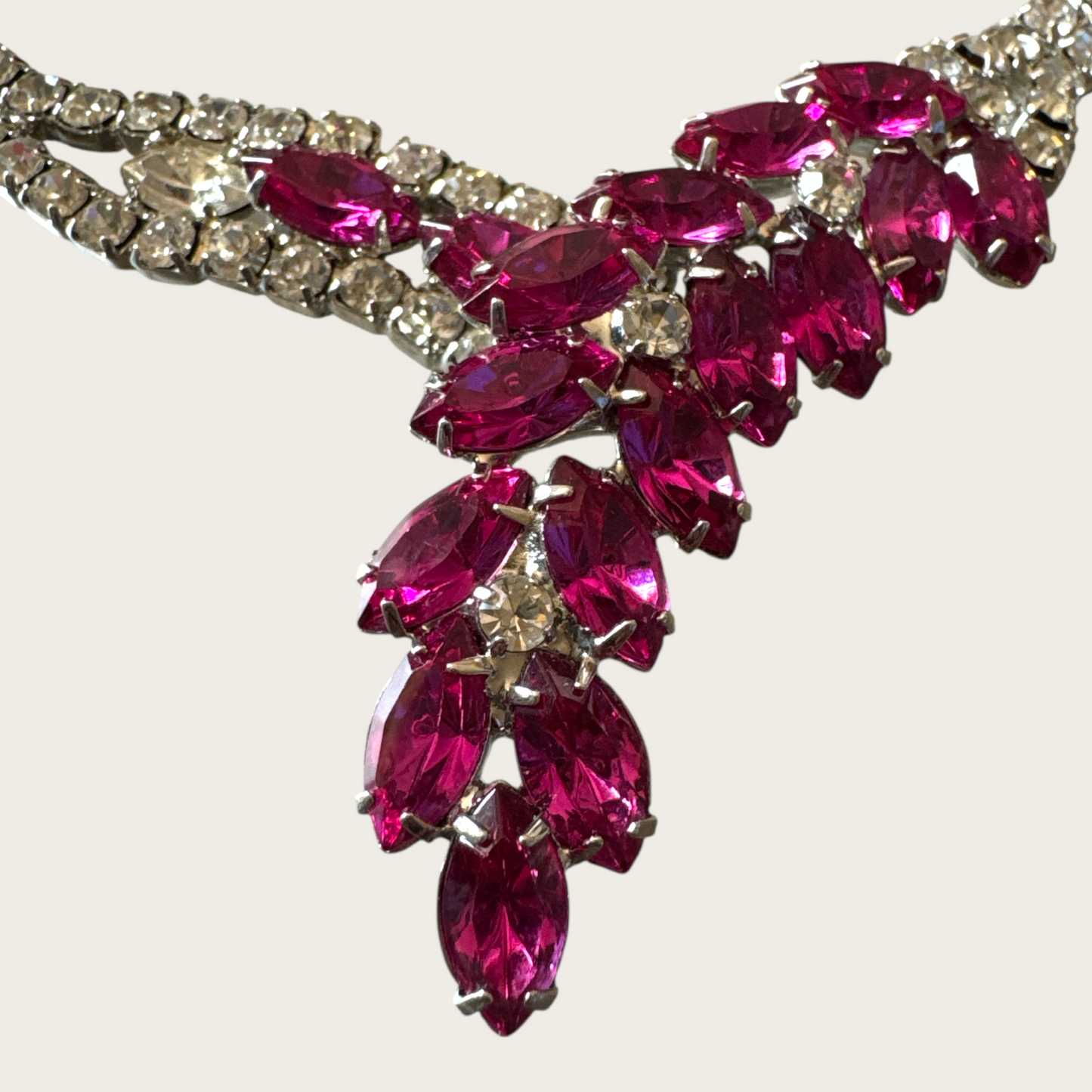 Vintage 1950s Fuchsia Navette Rhinestone Bib Necklace – Unsigned Mid-Century Statement Piece