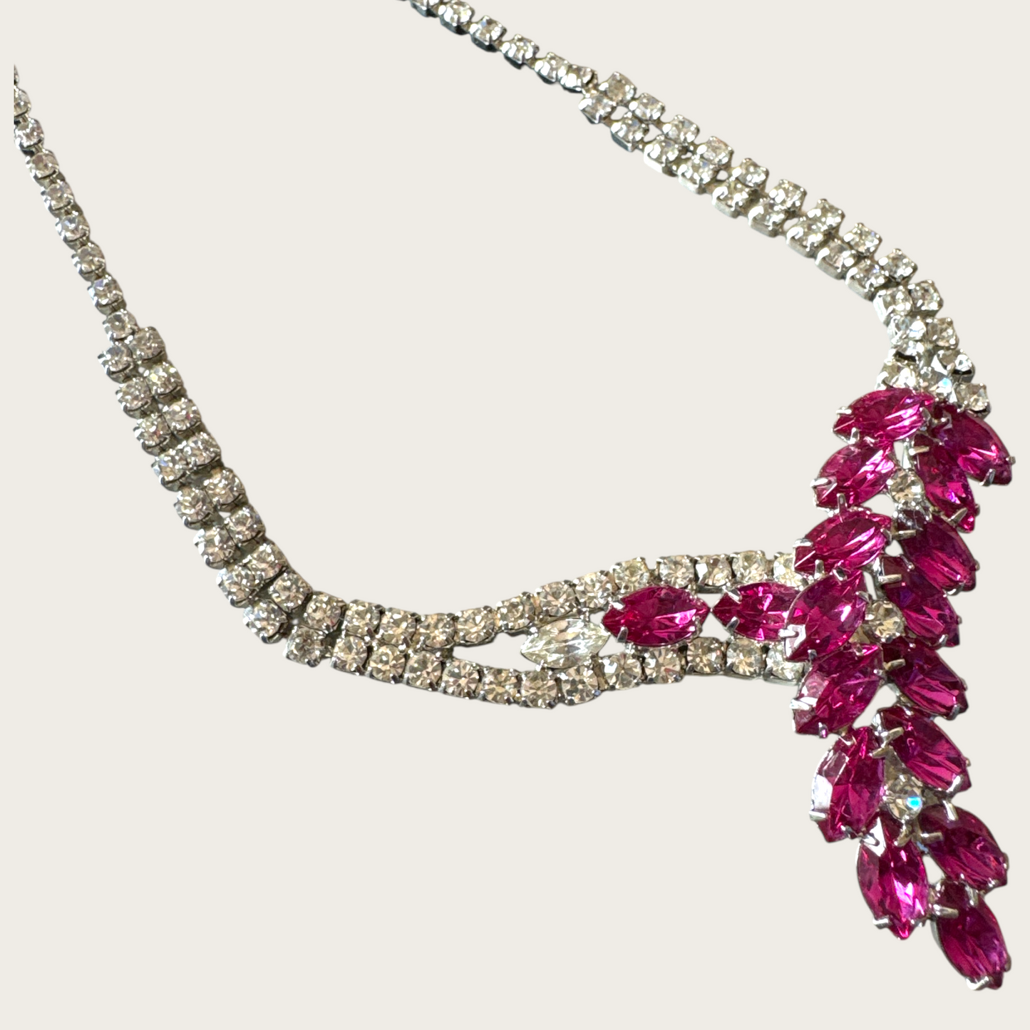 Vintage 1950s Fuchsia Navette Rhinestone Bib Necklace – Unsigned Mid-Century Statement Piece