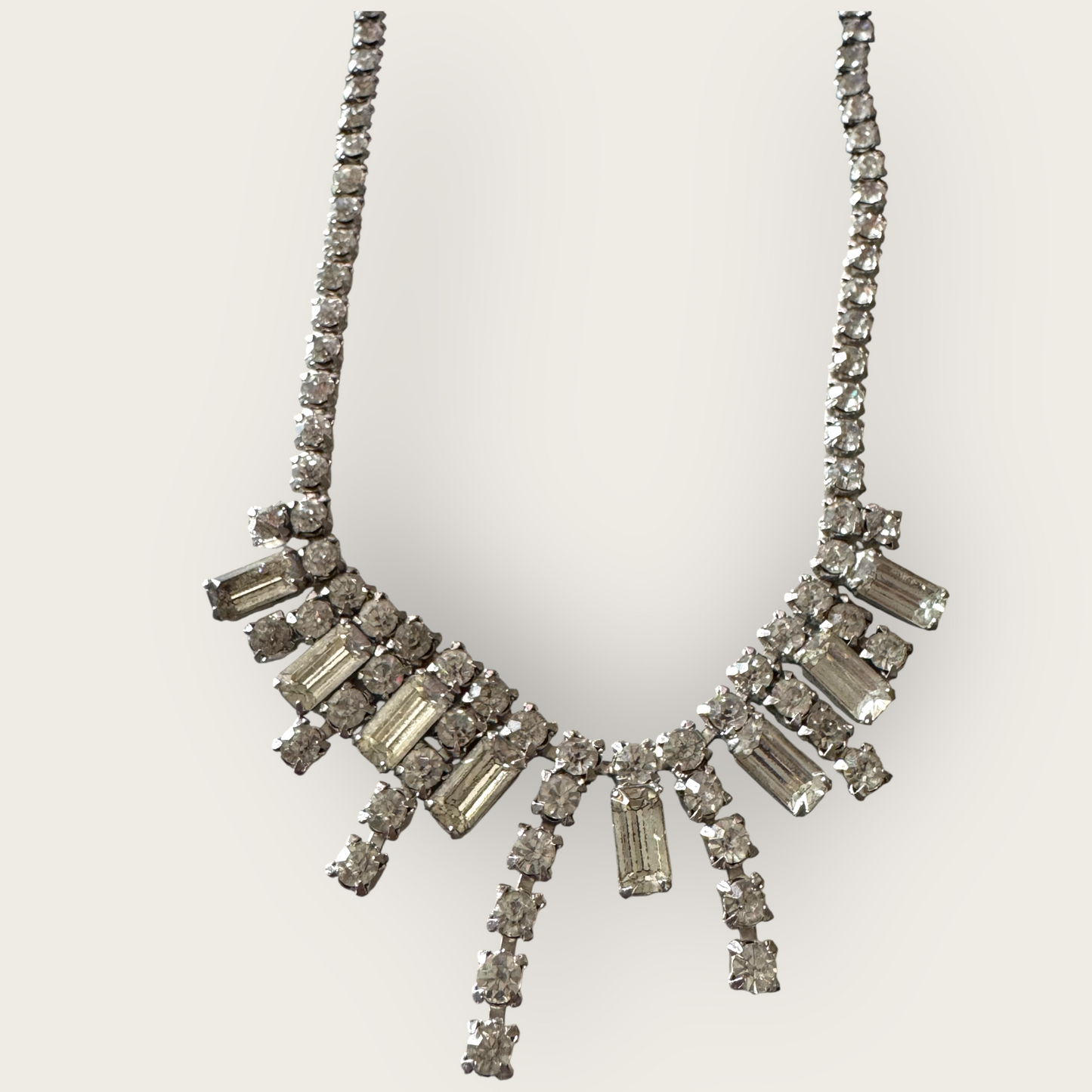 Vintage Mid-Century Rhinestone Choker Necklace – Rectangular Step-Cut Dangles, Signed 1/20 12K GF