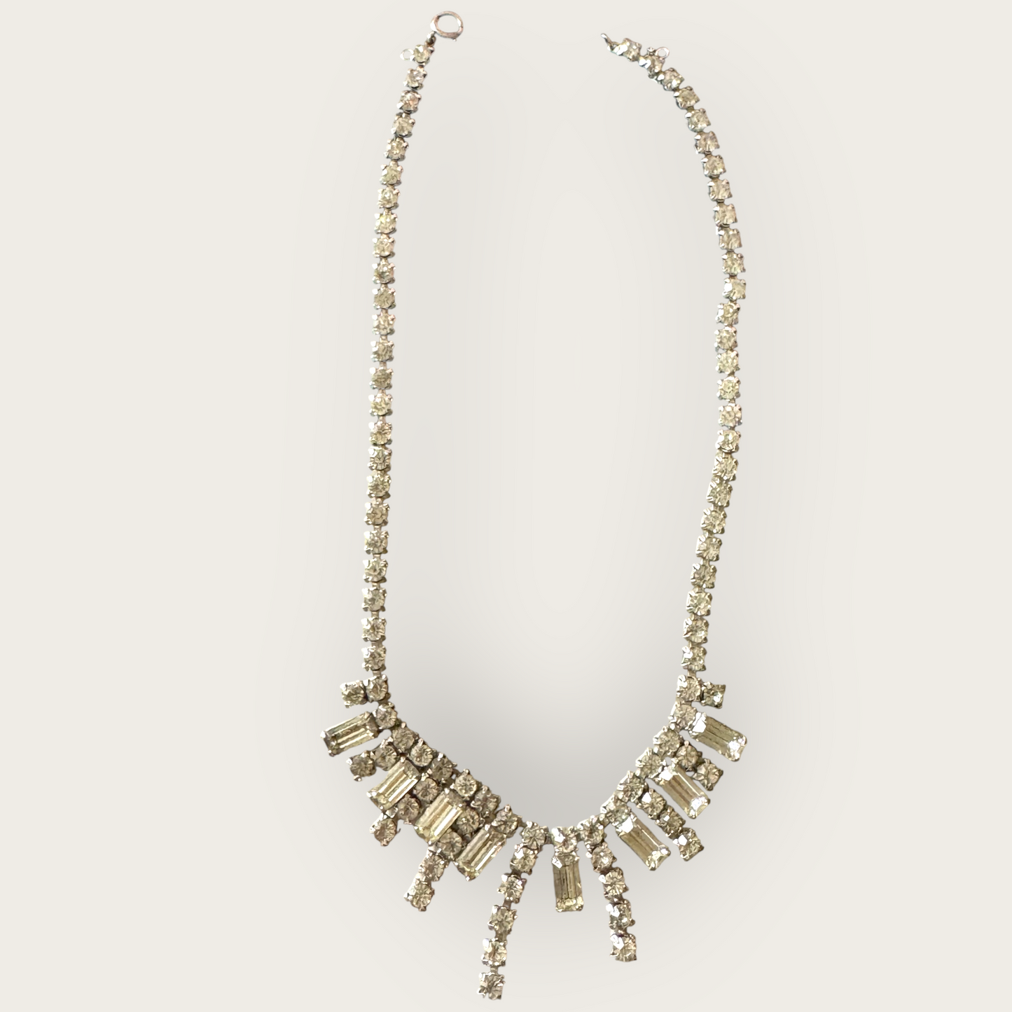Vintage Mid-Century Rhinestone Choker Necklace – Rectangular Step-Cut Dangles, Signed 1/20 12K GF