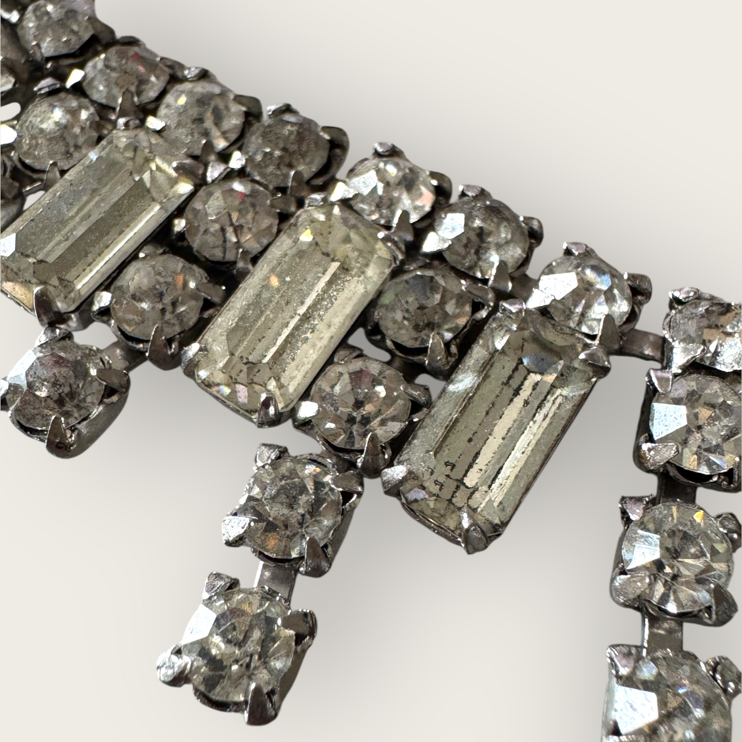 Vintage Mid-Century Rhinestone Choker Necklace – Rectangular Step-Cut Dangles, Signed 1/20 12K GF