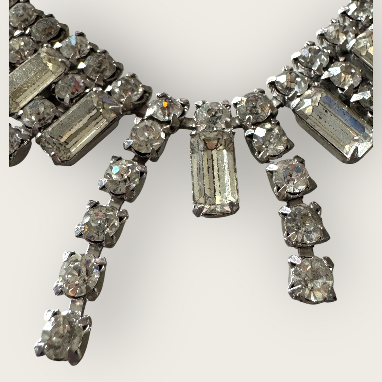 Vintage Mid-Century Rhinestone Choker Necklace – Rectangular Step-Cut Dangles, Signed 1/20 12K GF