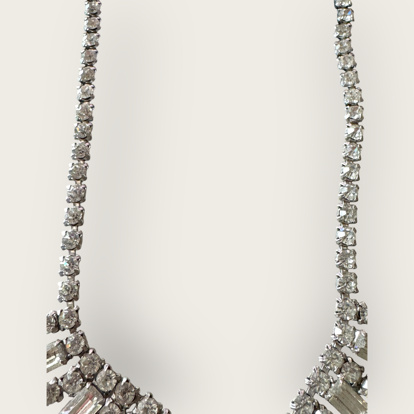 Vintage Mid-Century Rhinestone Choker Necklace – Rectangular Step-Cut Dangles, Signed 1/20 12K GF