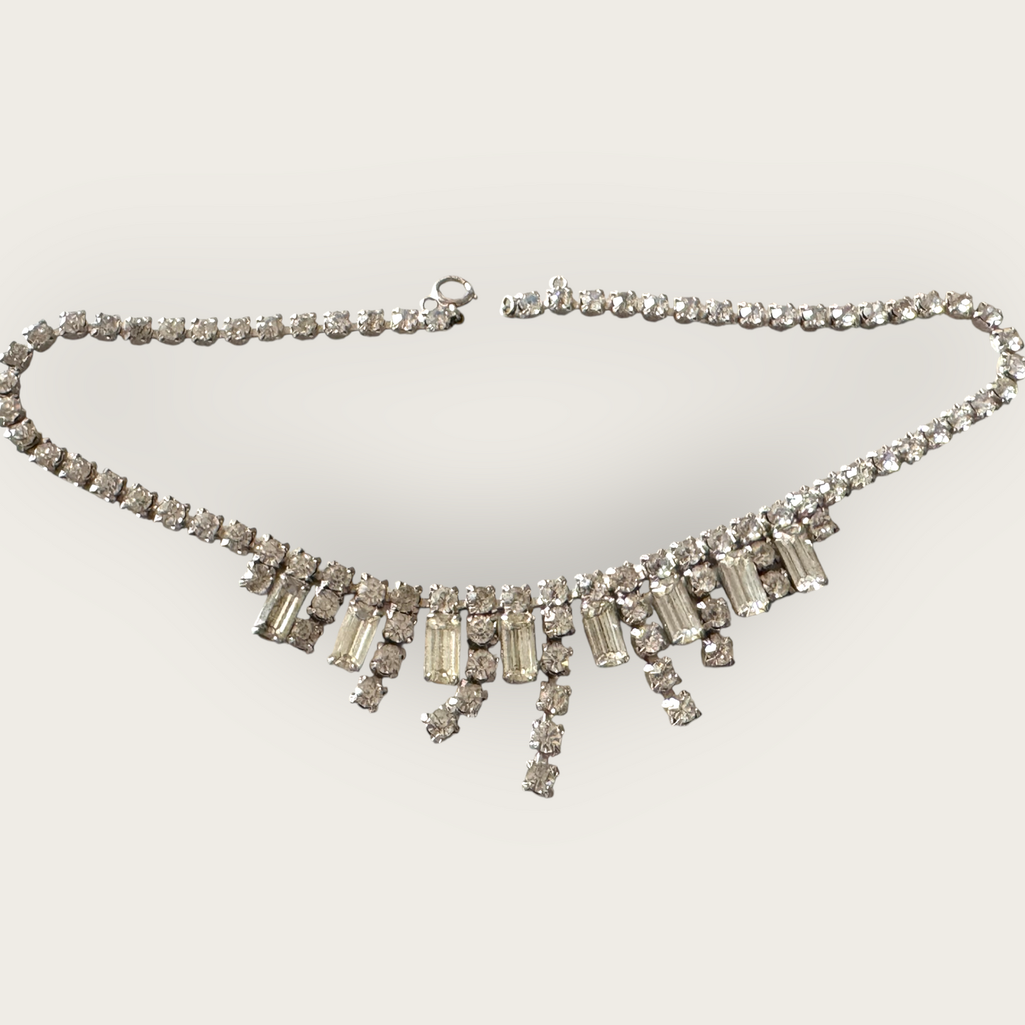 Vintage Mid-Century Rhinestone Choker Necklace – Rectangular Step-Cut Dangles, Signed 1/20 12K GF
