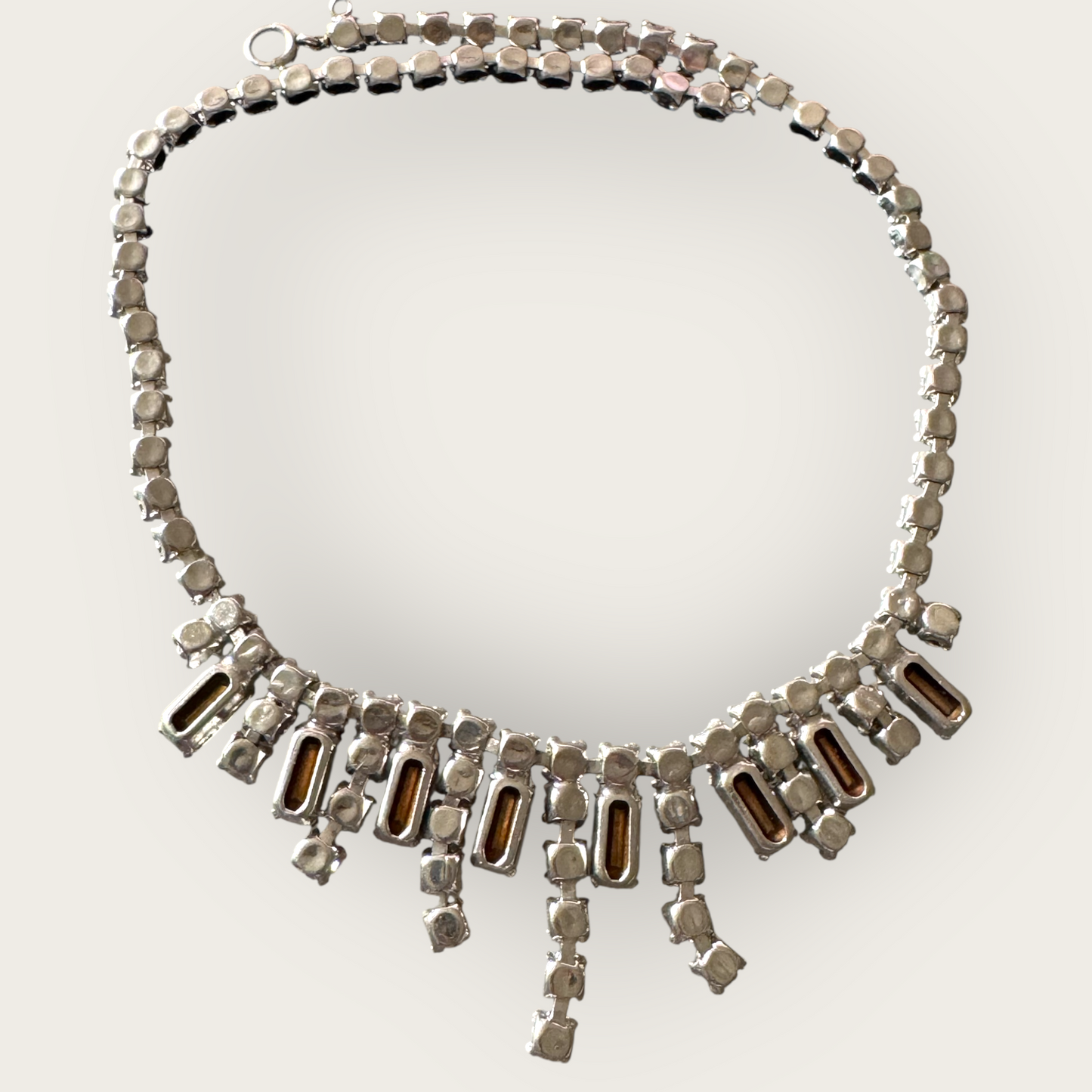 Vintage Mid-Century Rhinestone Choker Necklace – Rectangular Step-Cut Dangles, Signed 1/20 12K GF