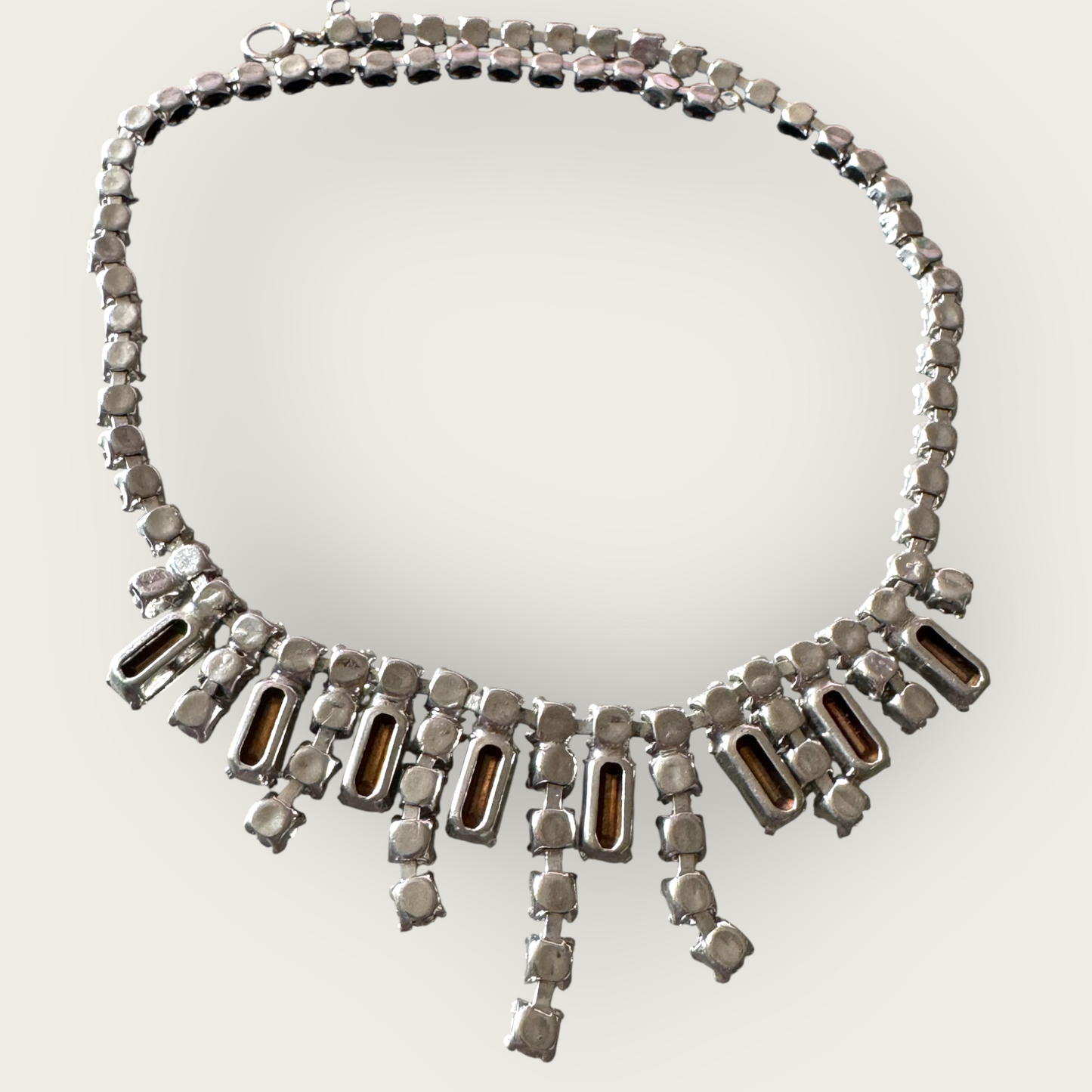 Vintage Mid-Century Rhinestone Choker Necklace – Rectangular Step-Cut Dangles, Signed 1/20 12K GF