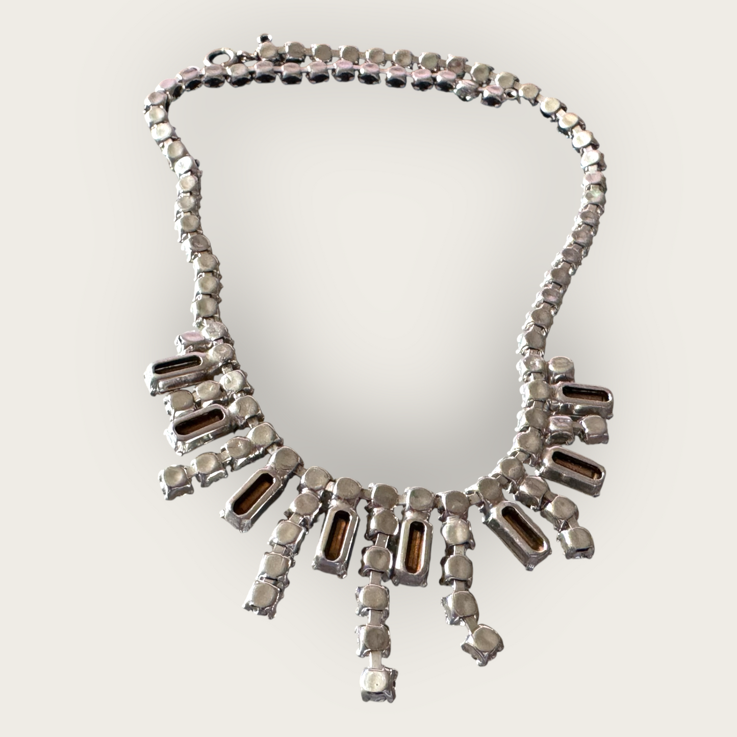 Vintage Mid-Century Rhinestone Choker Necklace – Rectangular Step-Cut Dangles, Signed 1/20 12K GF