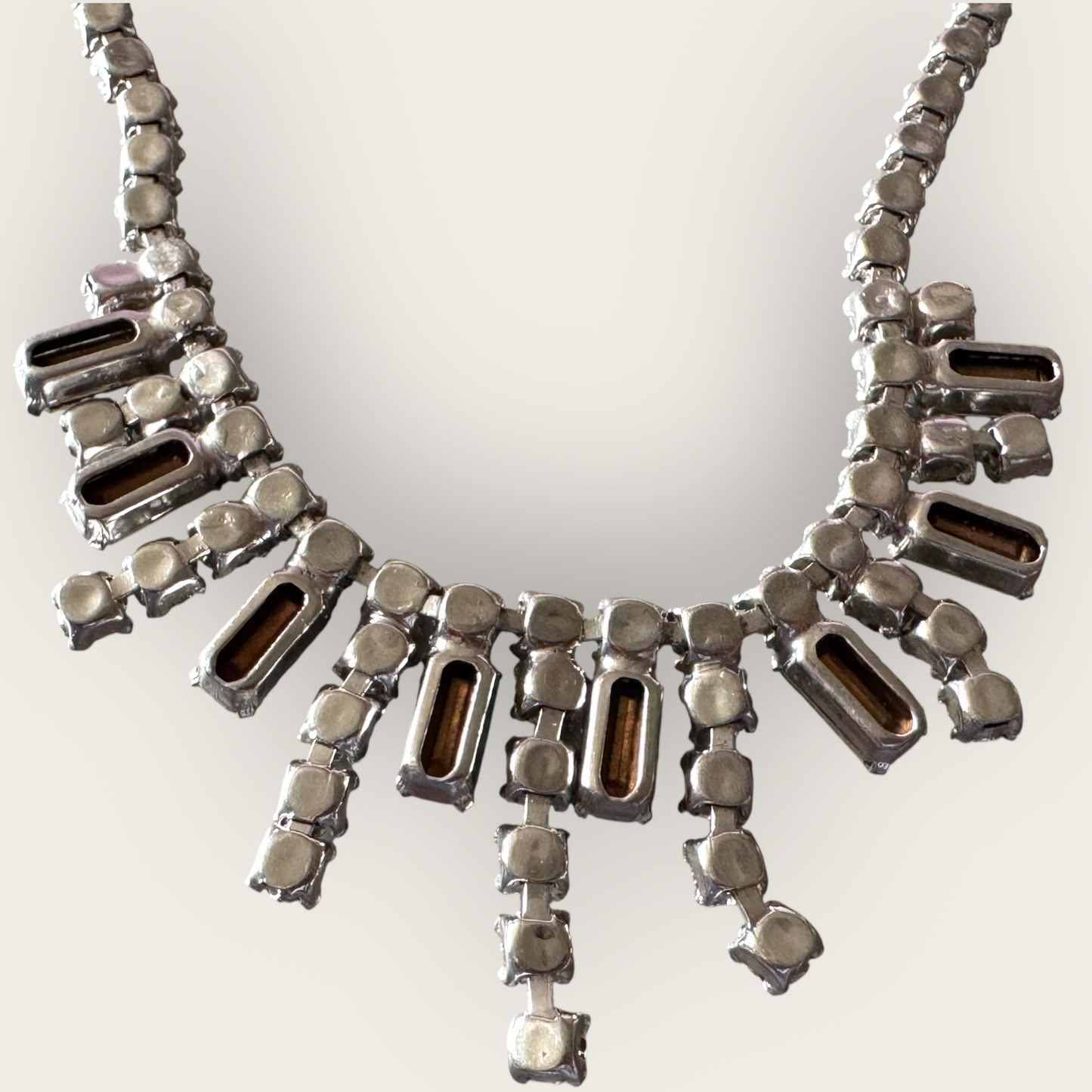 Vintage Mid-Century Rhinestone Choker Necklace – Rectangular Step-Cut Dangles, Signed 1/20 12K GF
