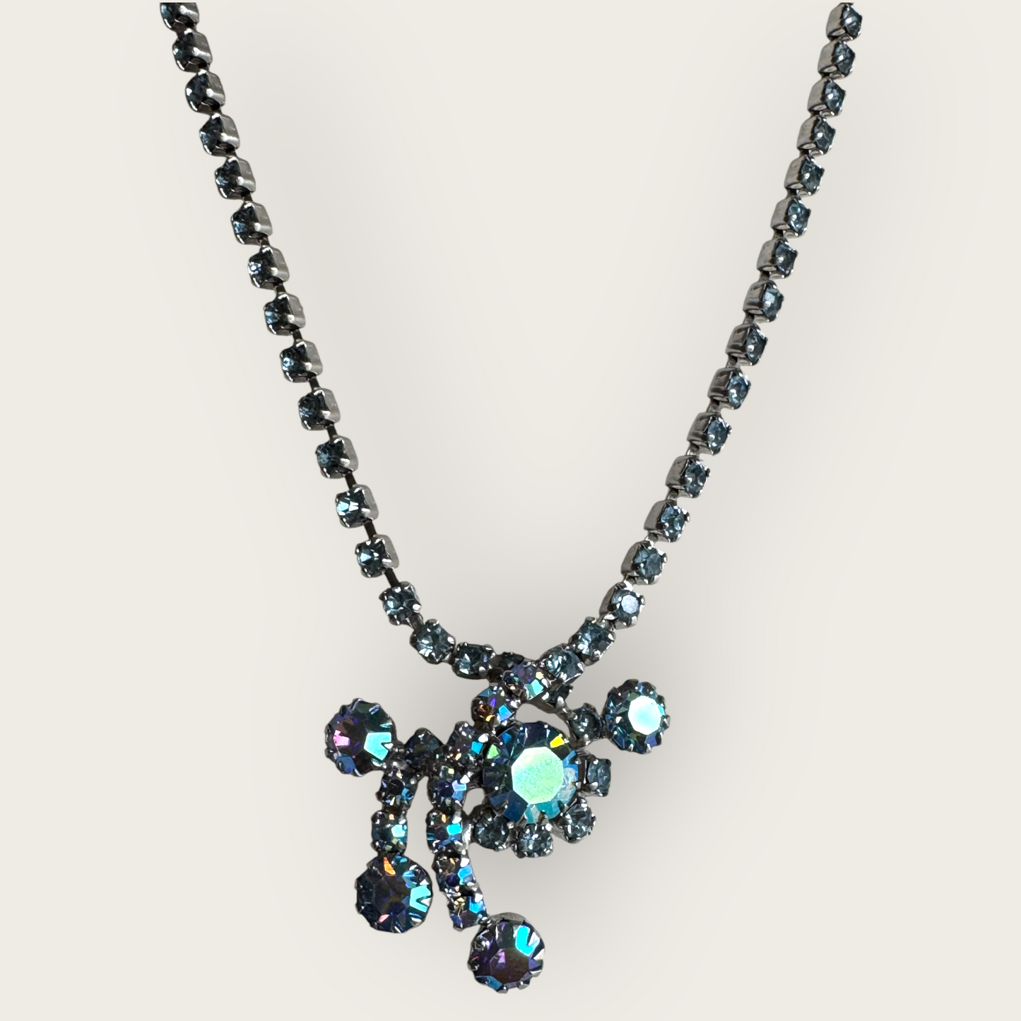 Vintage 1950s Aurora Borealis Blue Rhinestone Necklace with Dangle Centerpiece – 13” + 2.5” Extender