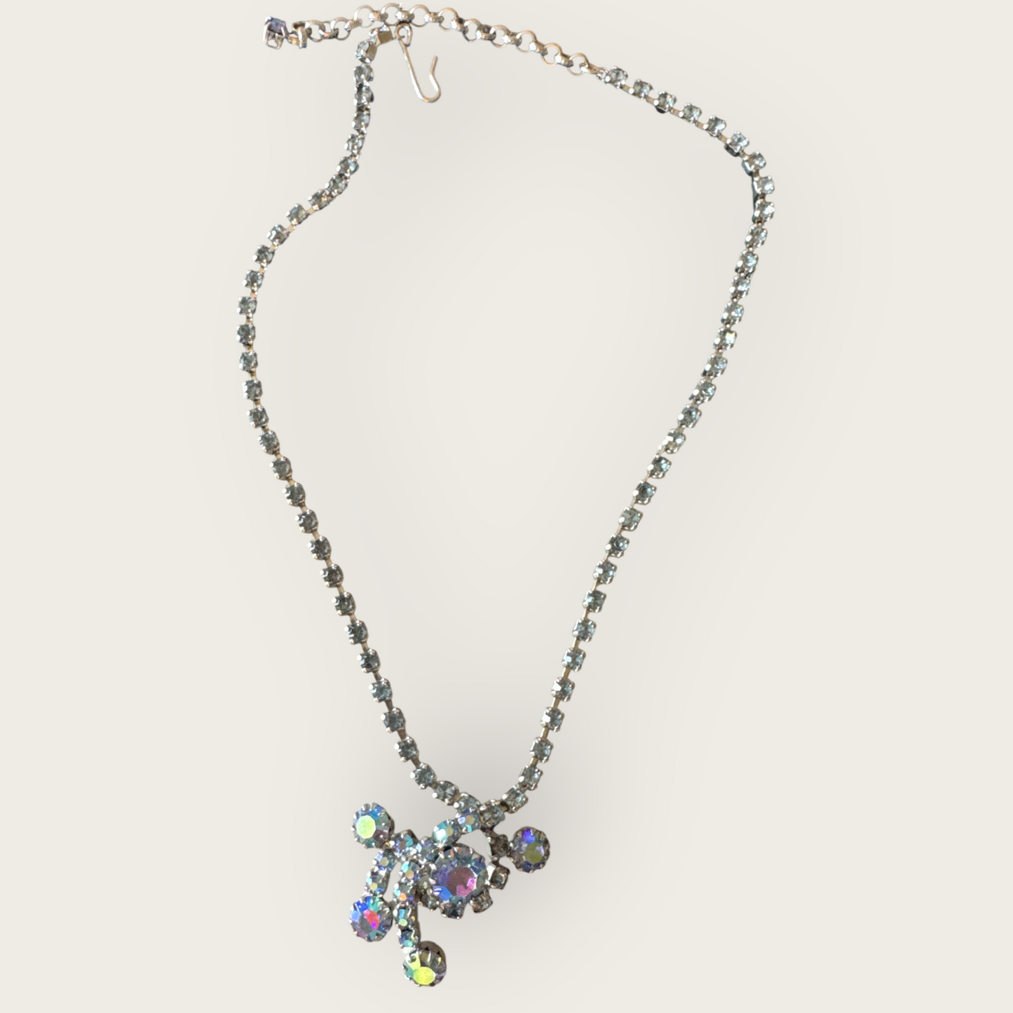 Vintage 1950s Aurora Borealis Blue Rhinestone Necklace with Dangle Centerpiece – 13” + 2.5” Extender