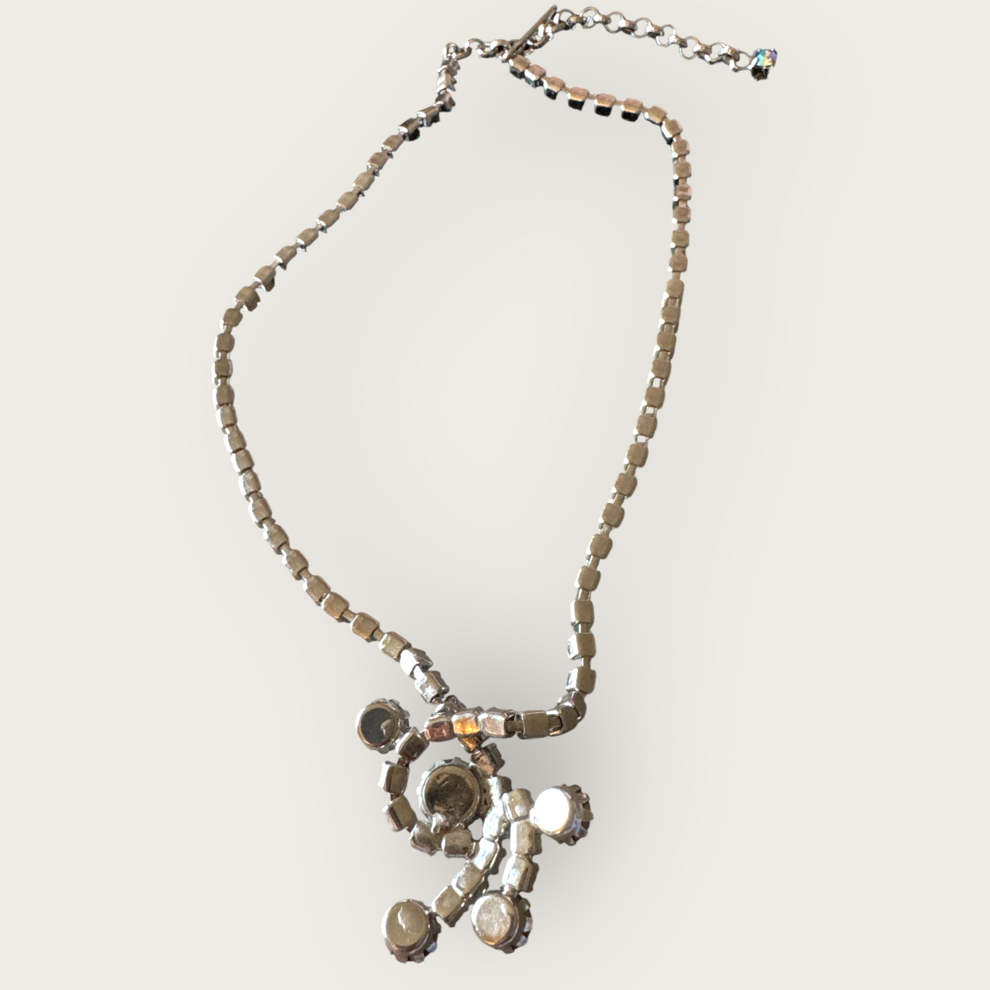 Vintage 1950s Aurora Borealis Blue Rhinestone Necklace with Dangle Centerpiece – 13” + 2.5” Extender