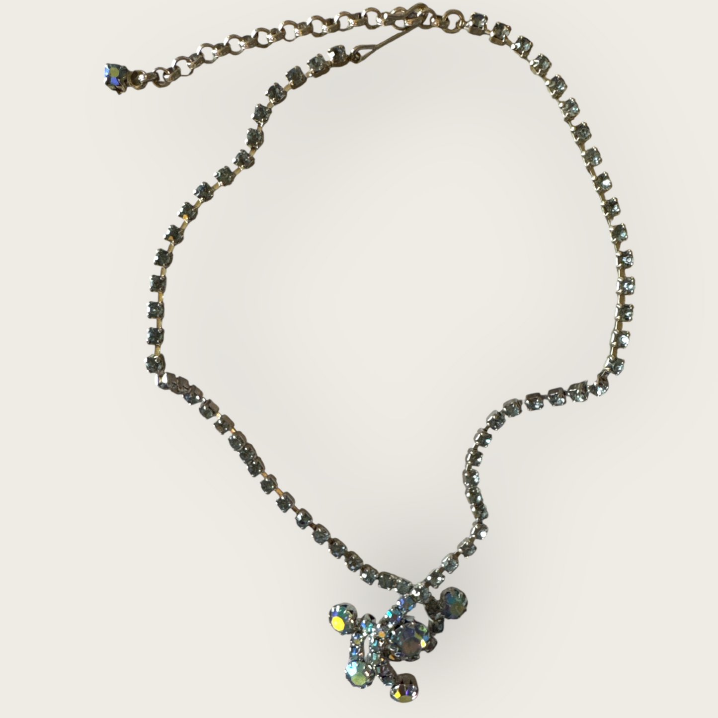 Vintage 1950s Aurora Borealis Blue Rhinestone Necklace with Dangle Centerpiece – 13” + 2.5” Extender