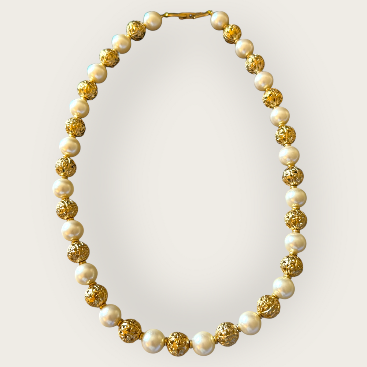 Vintage Napier Gold Filigree & Faux Pearl Beaded Necklace – 1980s Elegant Statement Piece, 16”