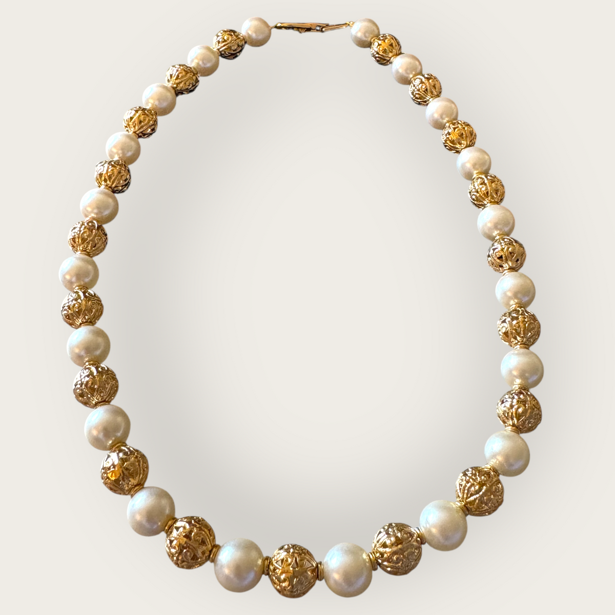 Vintage Napier Gold Filigree & Faux Pearl Beaded Necklace – 1980s Elegant Statement Piece, 16”