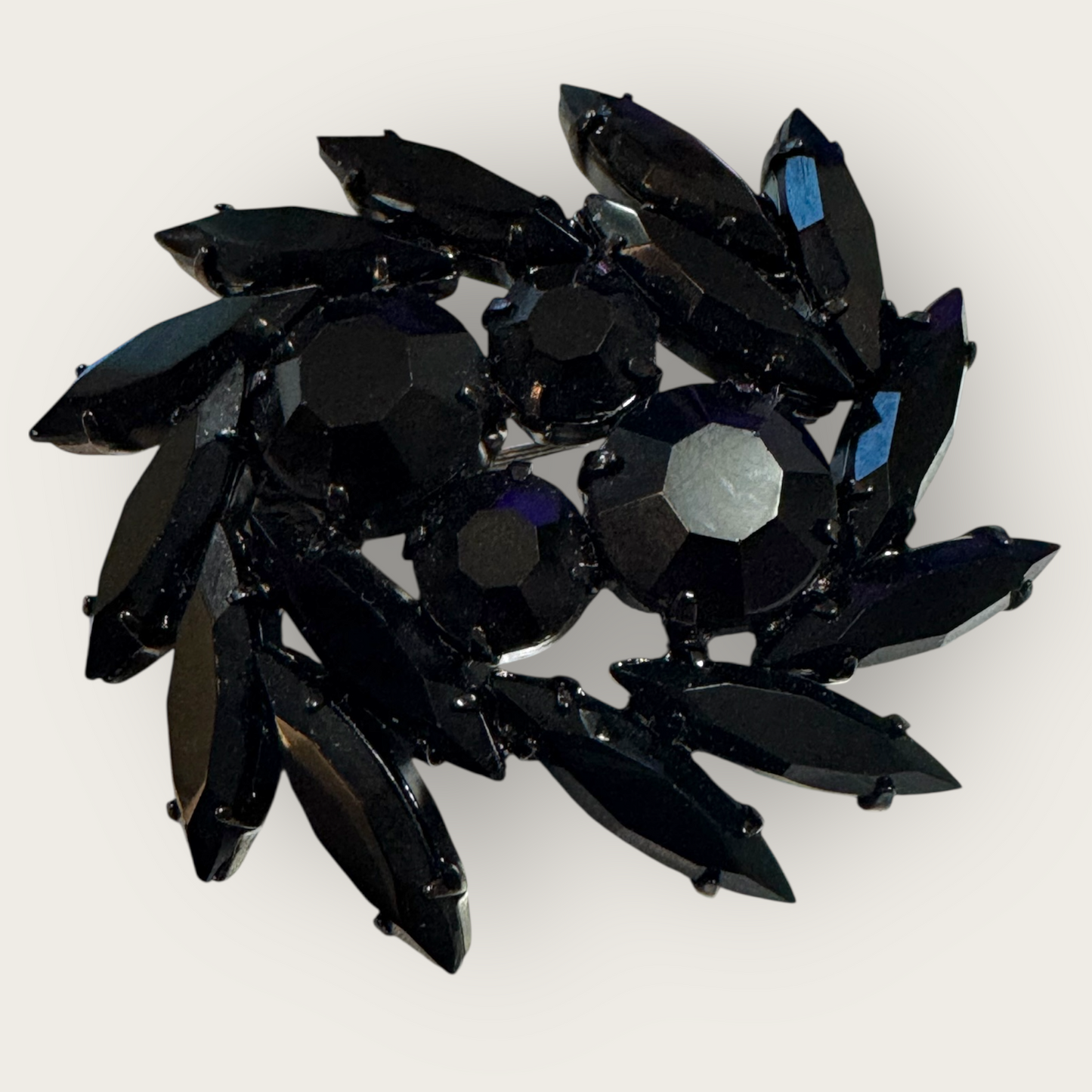 Vintage Black Glass Navette Brooch | Gunmetal Setting | Mid-Century Statement Pin