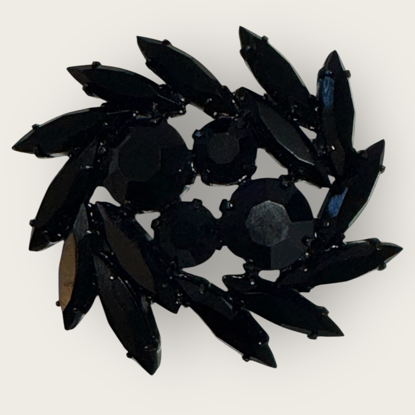 Vintage Black Glass Navette Brooch | Gunmetal Setting | Mid-Century Statement Pin
