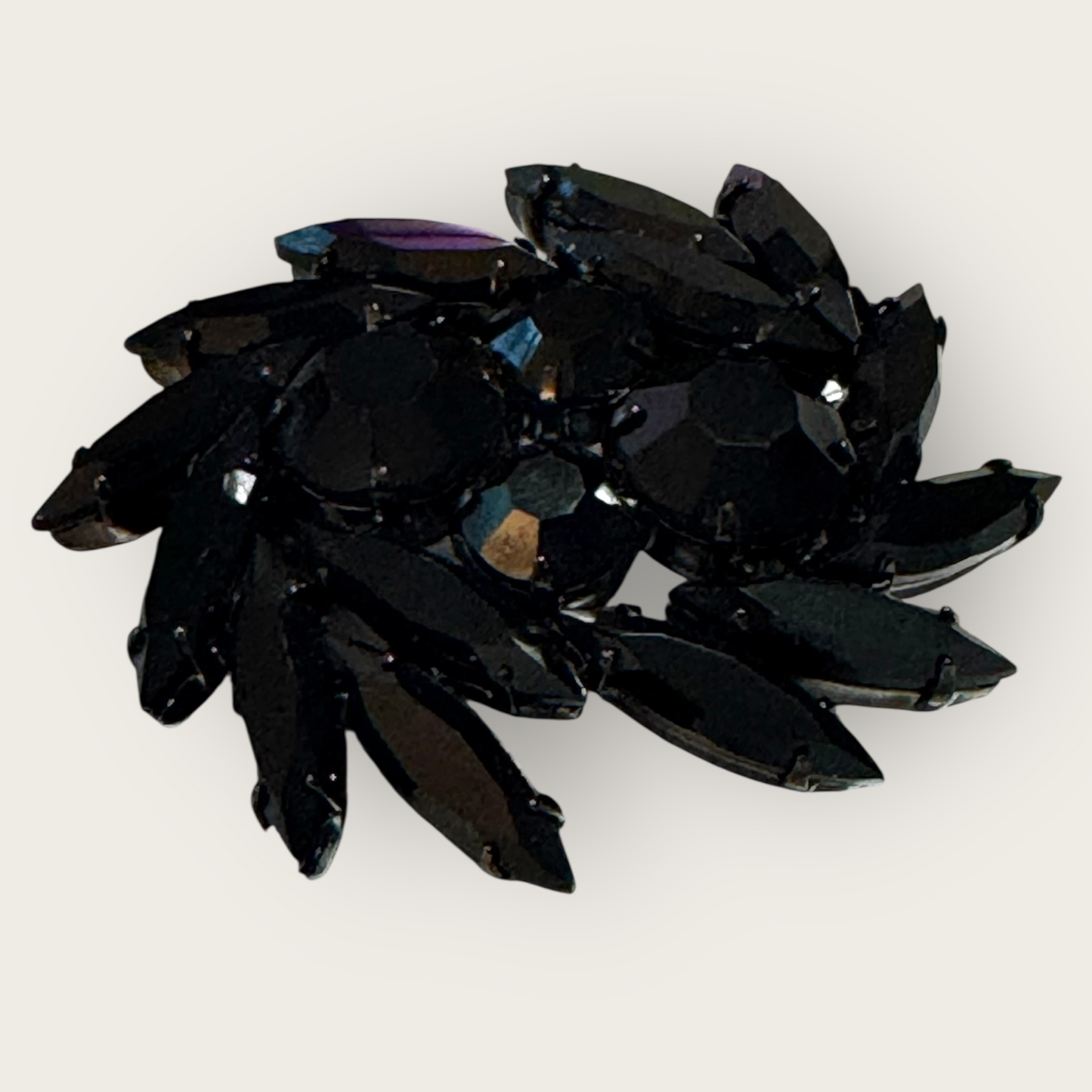 Vintage Black Glass Navette Brooch | Gunmetal Setting | Mid-Century Statement Pin