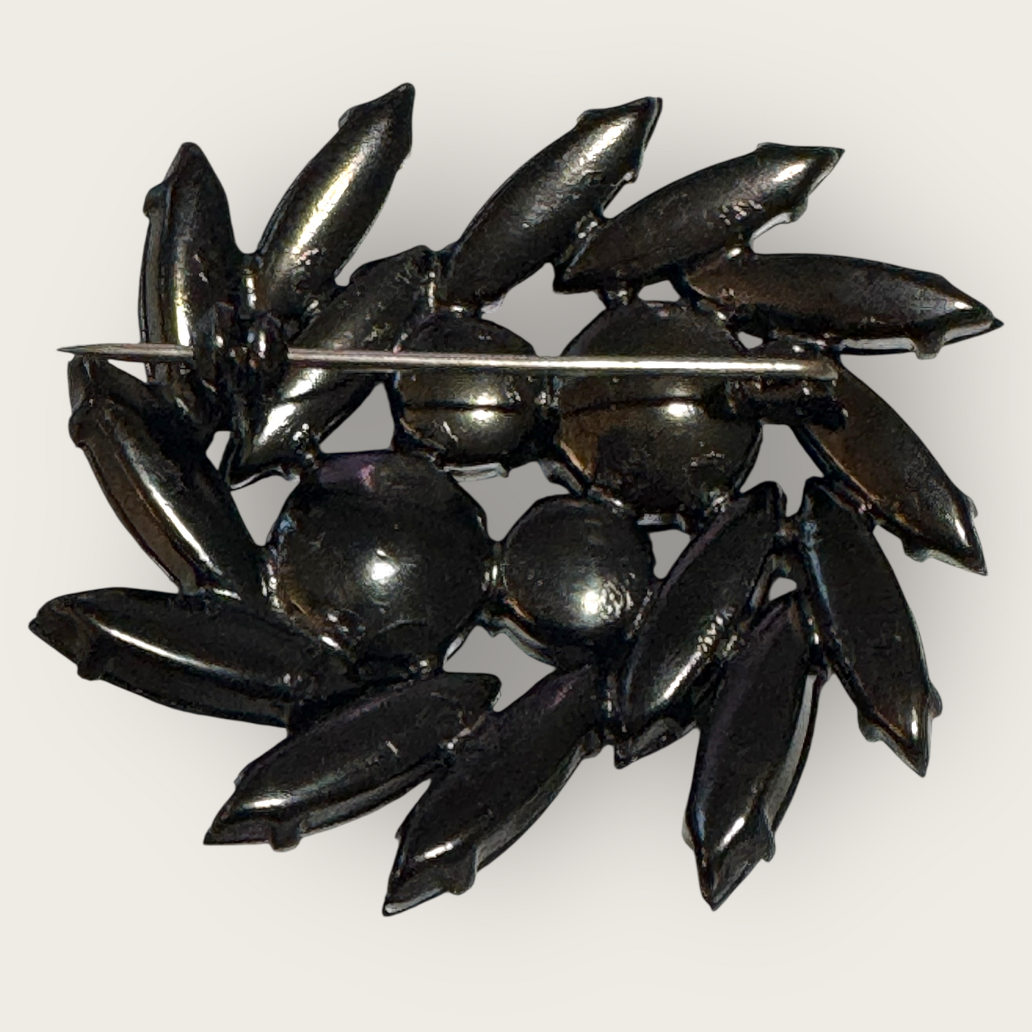 Vintage Black Glass Navette Brooch | Gunmetal Setting | Mid-Century Statement Pin