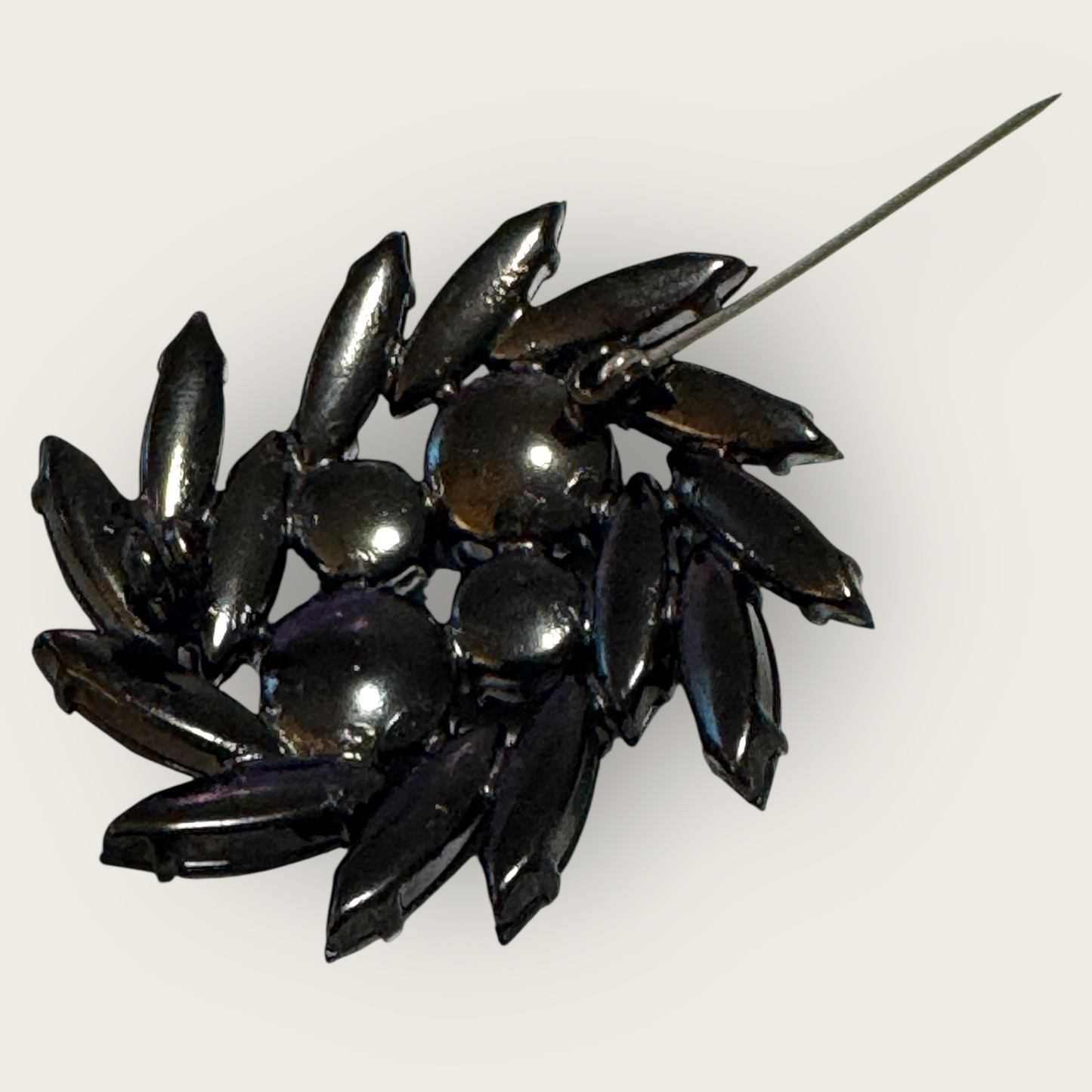 Vintage Black Glass Navette Brooch | Gunmetal Setting | Mid-Century Statement Pin