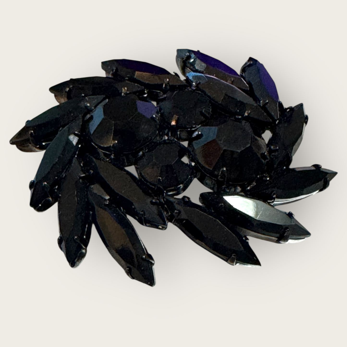 Vintage Black Glass Navette Brooch | Gunmetal Setting | Mid-Century Statement Pin