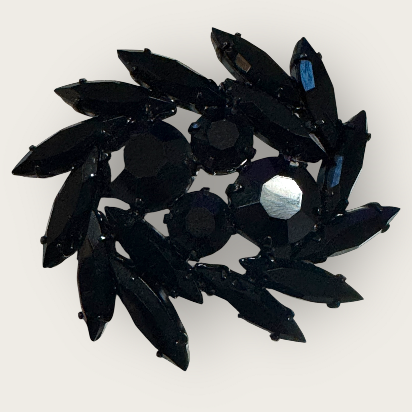 Vintage Black Glass Navette Brooch | Gunmetal Setting | Mid-Century Statement Pin