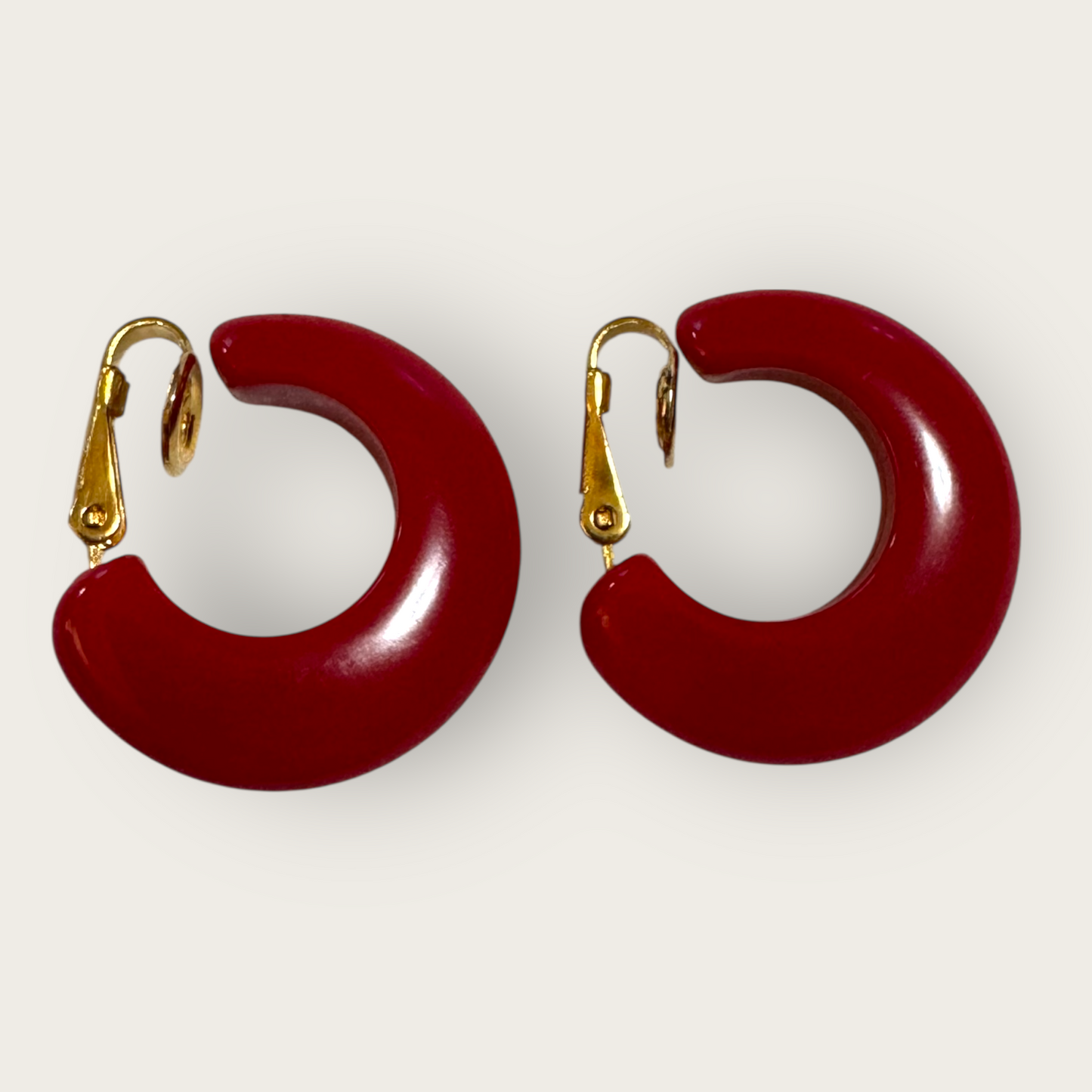 Vintage Red Lucite Huggie Earrings | Crown Trifari Clip-Ons | Gold Tone Hardware