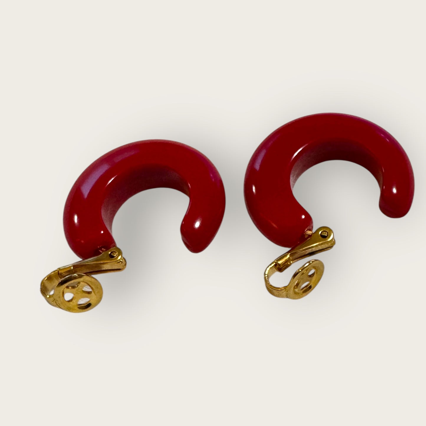 Vintage Red Lucite Huggie Earrings | Crown Trifari Clip-Ons | Gold Tone Hardware