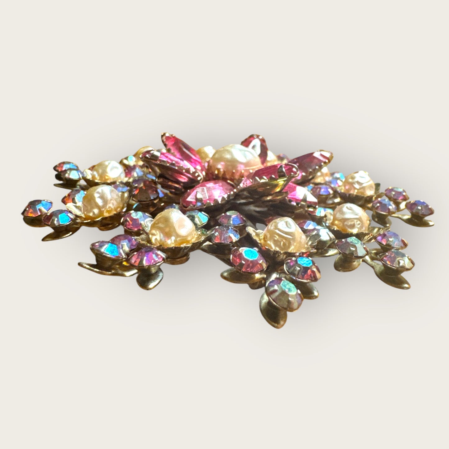 Vintage 1940s Pink Rhinestone & Faux Pearl Brooch | Floral Explosion Statement Pin | 3” Round