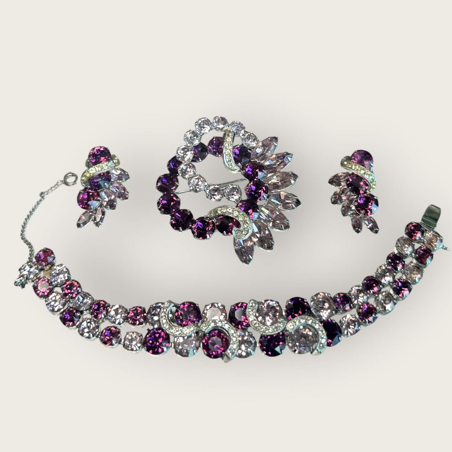 Eisenberg Signed Amethyst Rhinestone Parure | Bracelet, Earrings & Brooch Set | Private Collection
