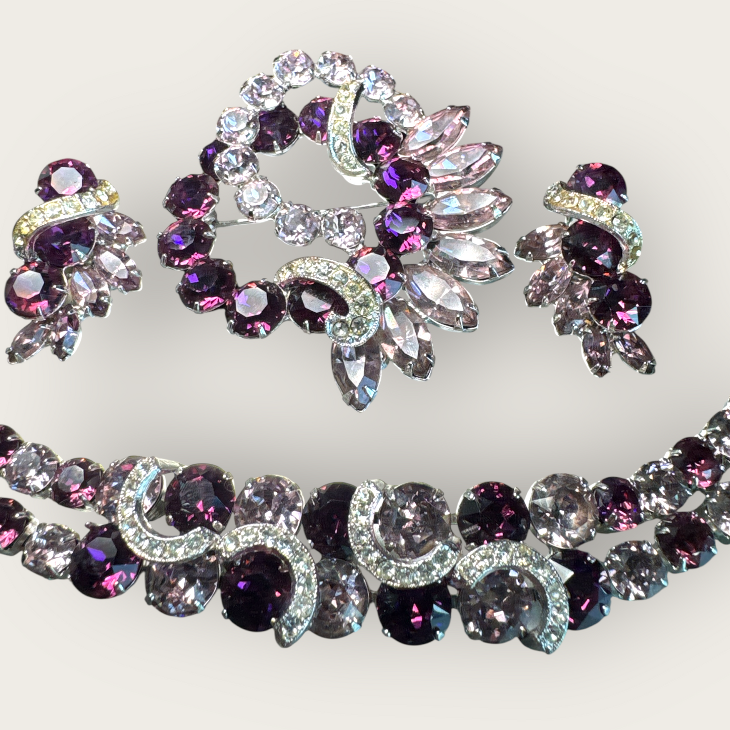 Eisenberg Signed Amethyst Rhinestone Parure | Bracelet, Earrings & Brooch Set | Private Collection