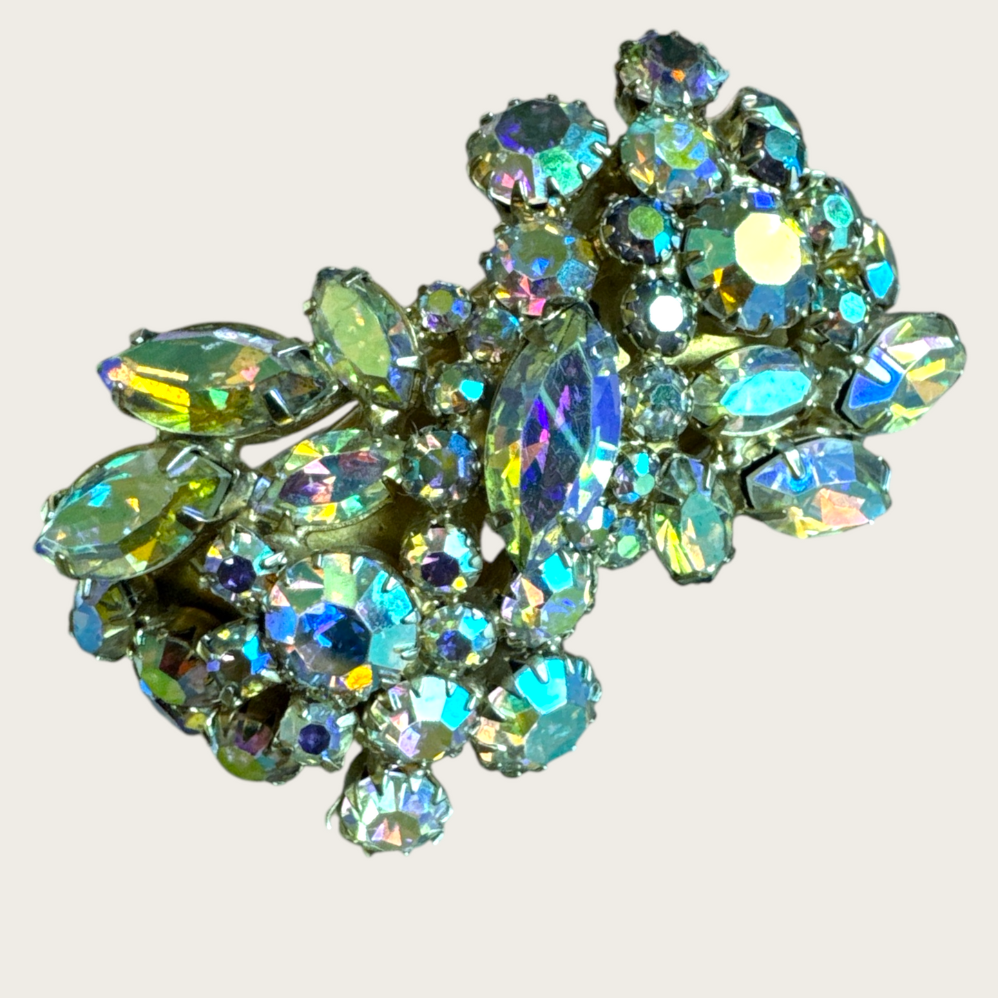 Vintage Continental Aurora Borealis Cuff Bracelet – Prong-Set Rhinestones, 1950s Statement Jewelry