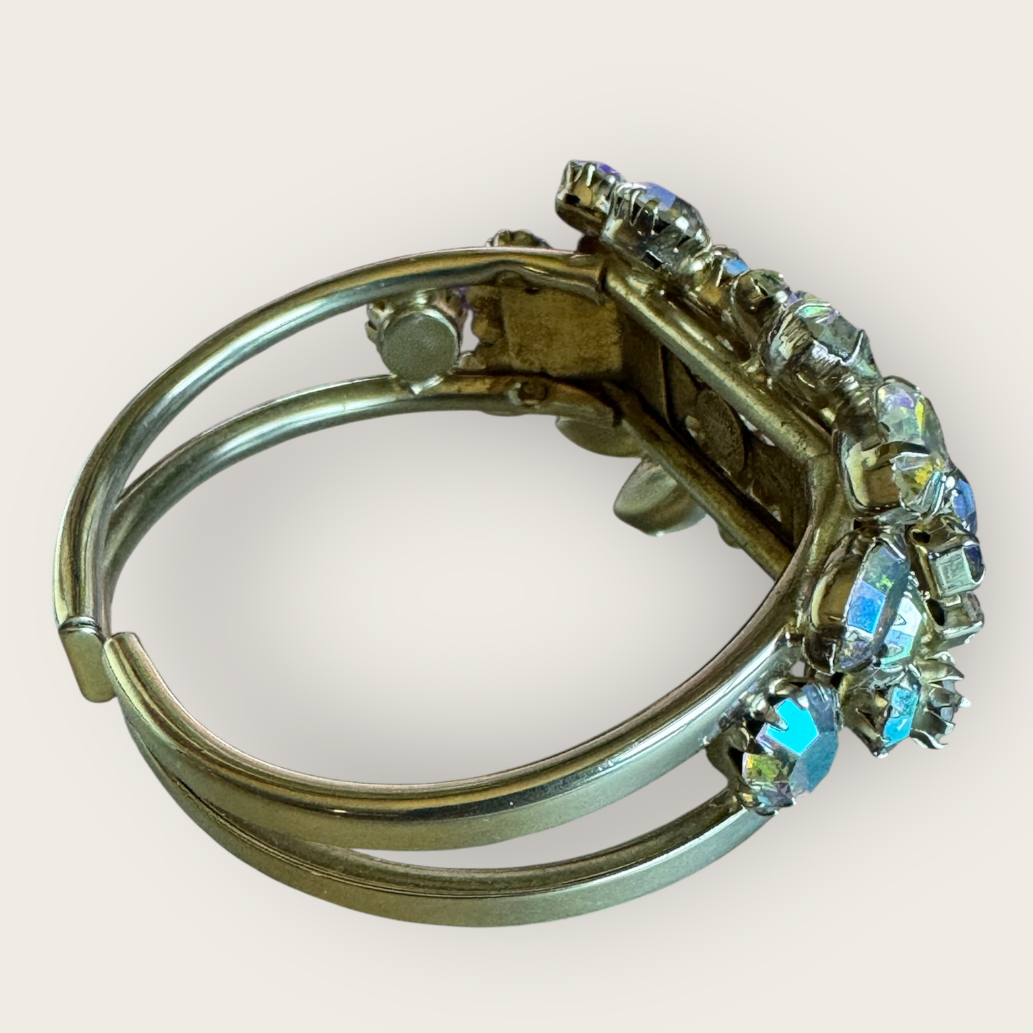 Vintage Continental Aurora Borealis Cuff Bracelet – Prong-Set Rhinestones, 1950s Statement Jewelry