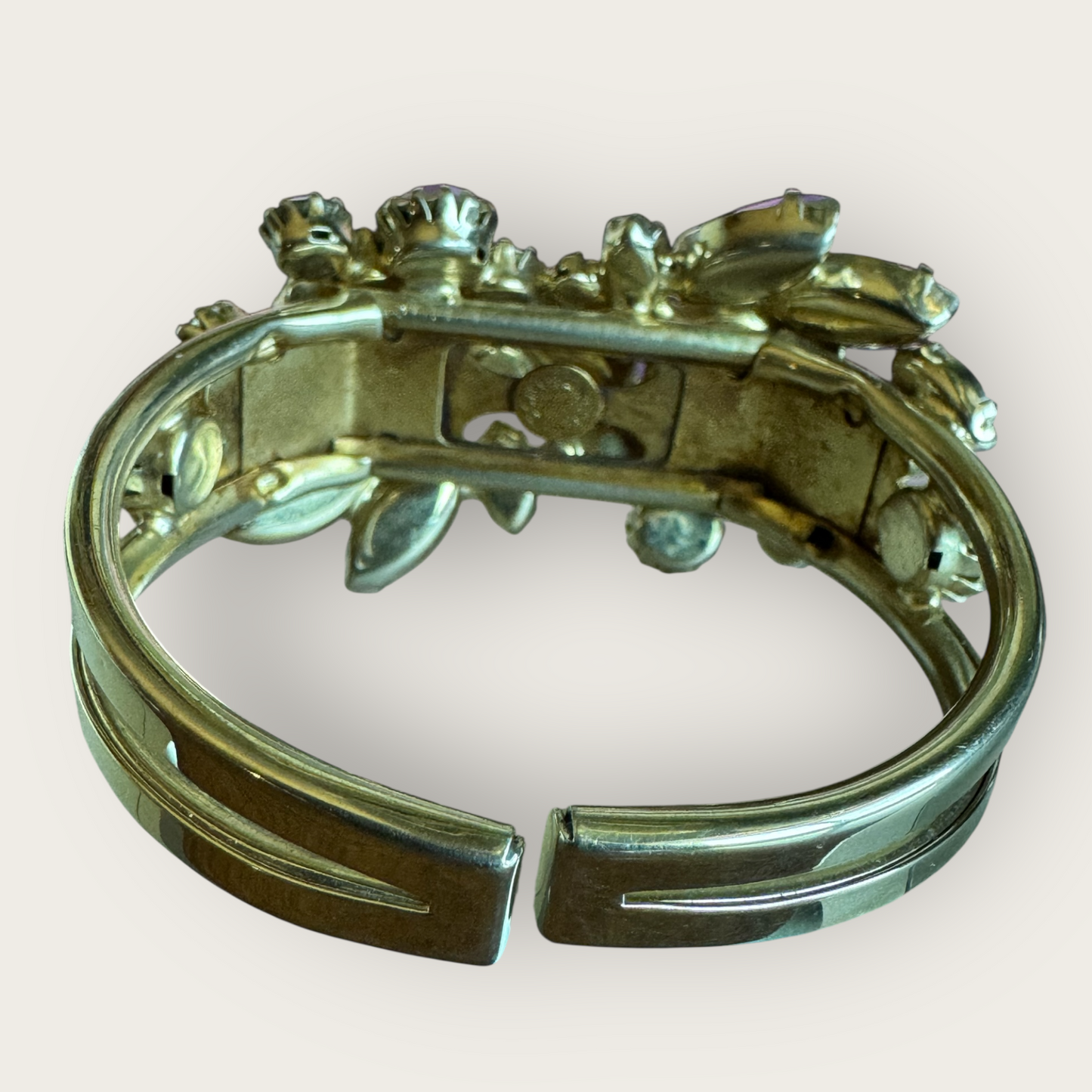 Vintage Continental Aurora Borealis Cuff Bracelet – Prong-Set Rhinestones, 1950s Statement Jewelry