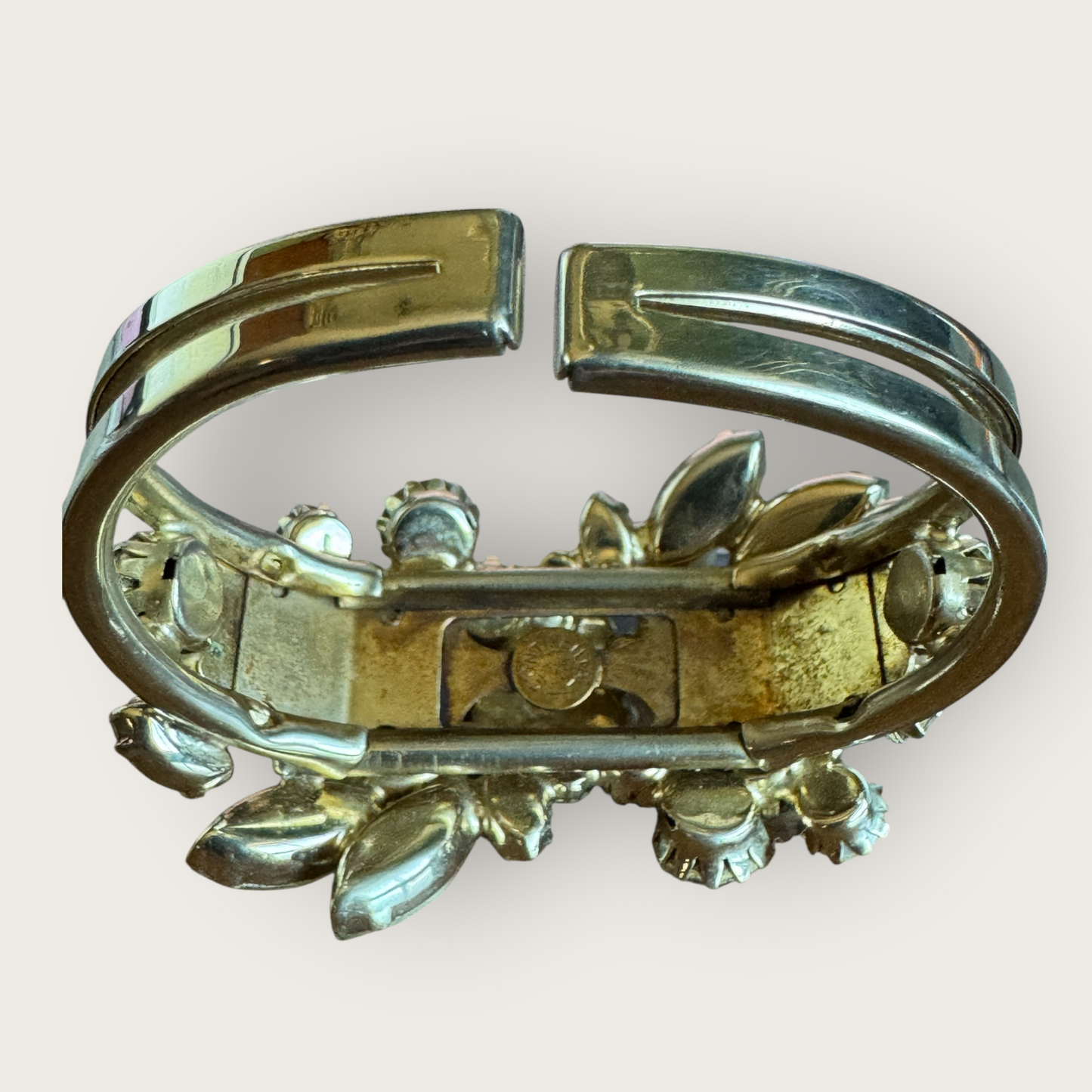 Vintage Continental Aurora Borealis Cuff Bracelet – Prong-Set Rhinestones, 1950s Statement Jewelry