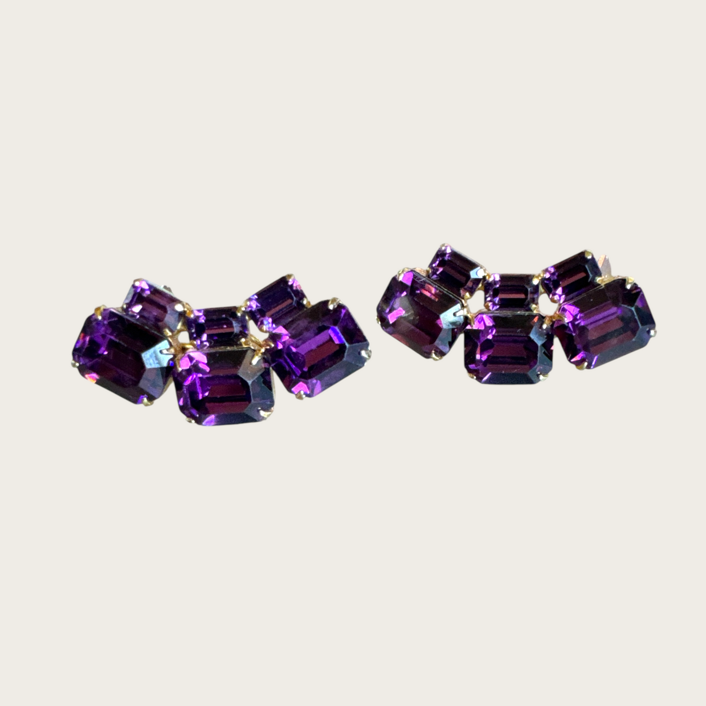 Vintage Signed Weiss Purple Emerald-Cut Rhinestone Climber Earrings | Gold Tone Clip-On Statement Pair