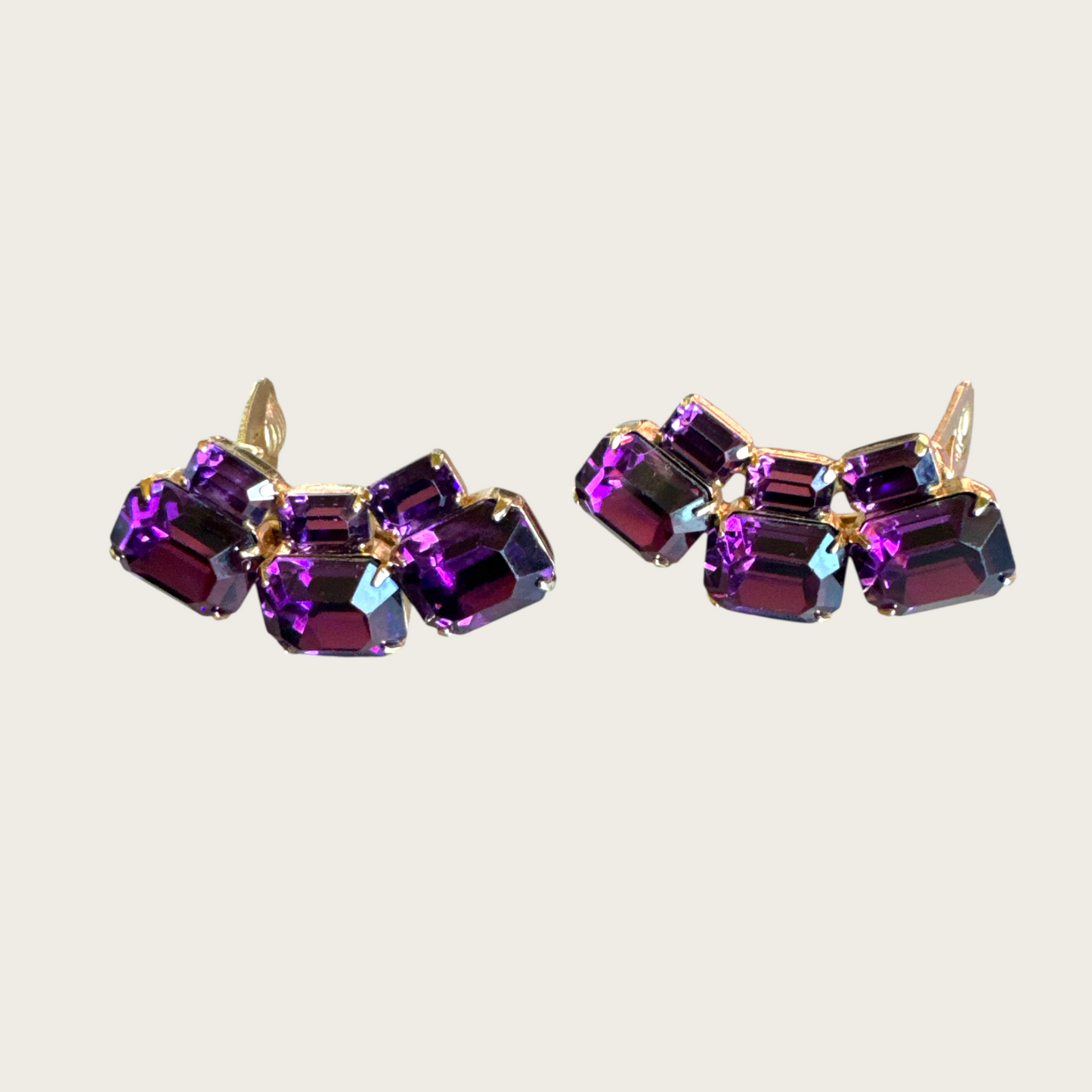 Vintage Signed Weiss Purple Emerald-Cut Rhinestone Climber Earrings | Gold Tone Clip-On Statement Pair