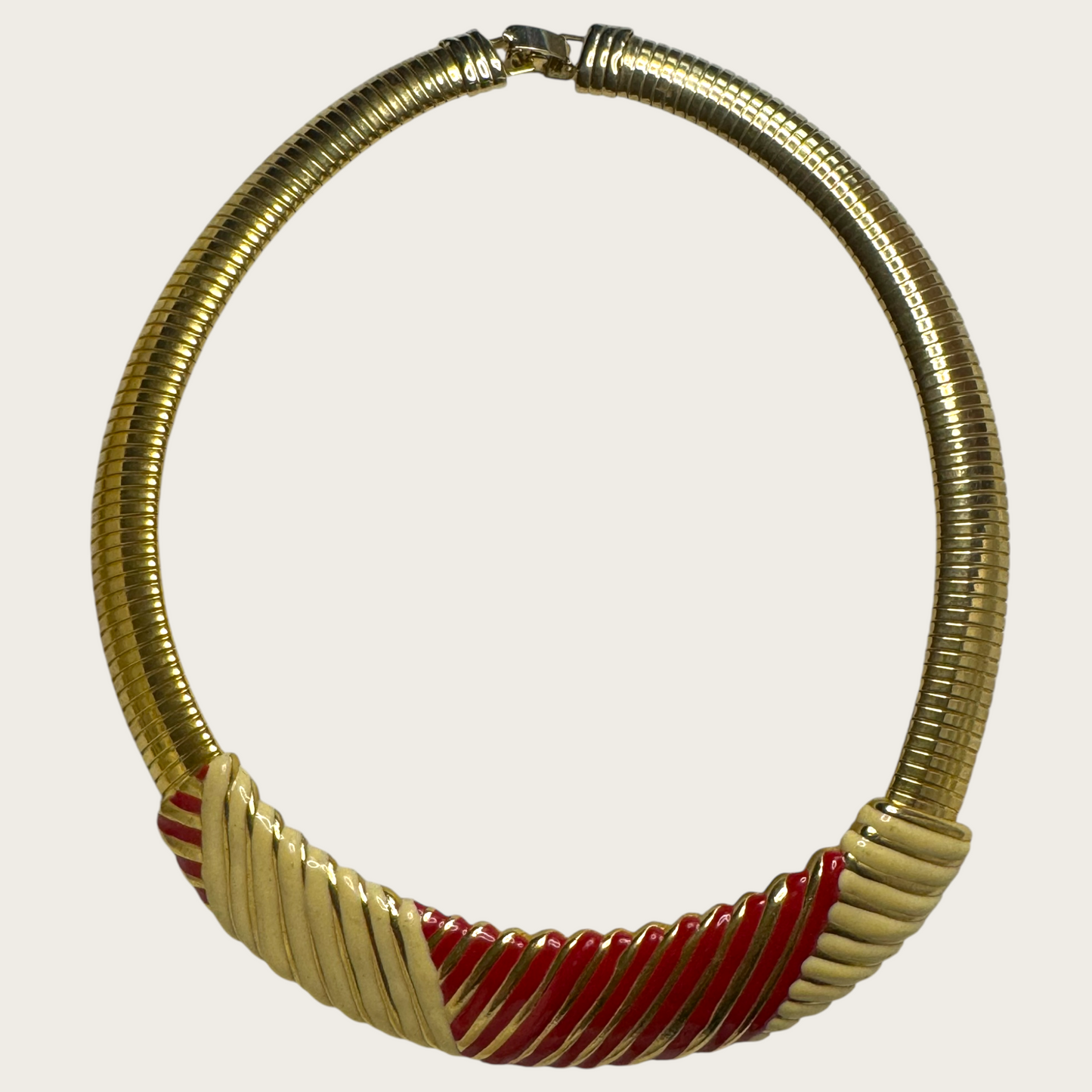 Vintage Enamel Omega Collar Necklace | Red & Cream Striped Statement | Bold 1980s Power Glam